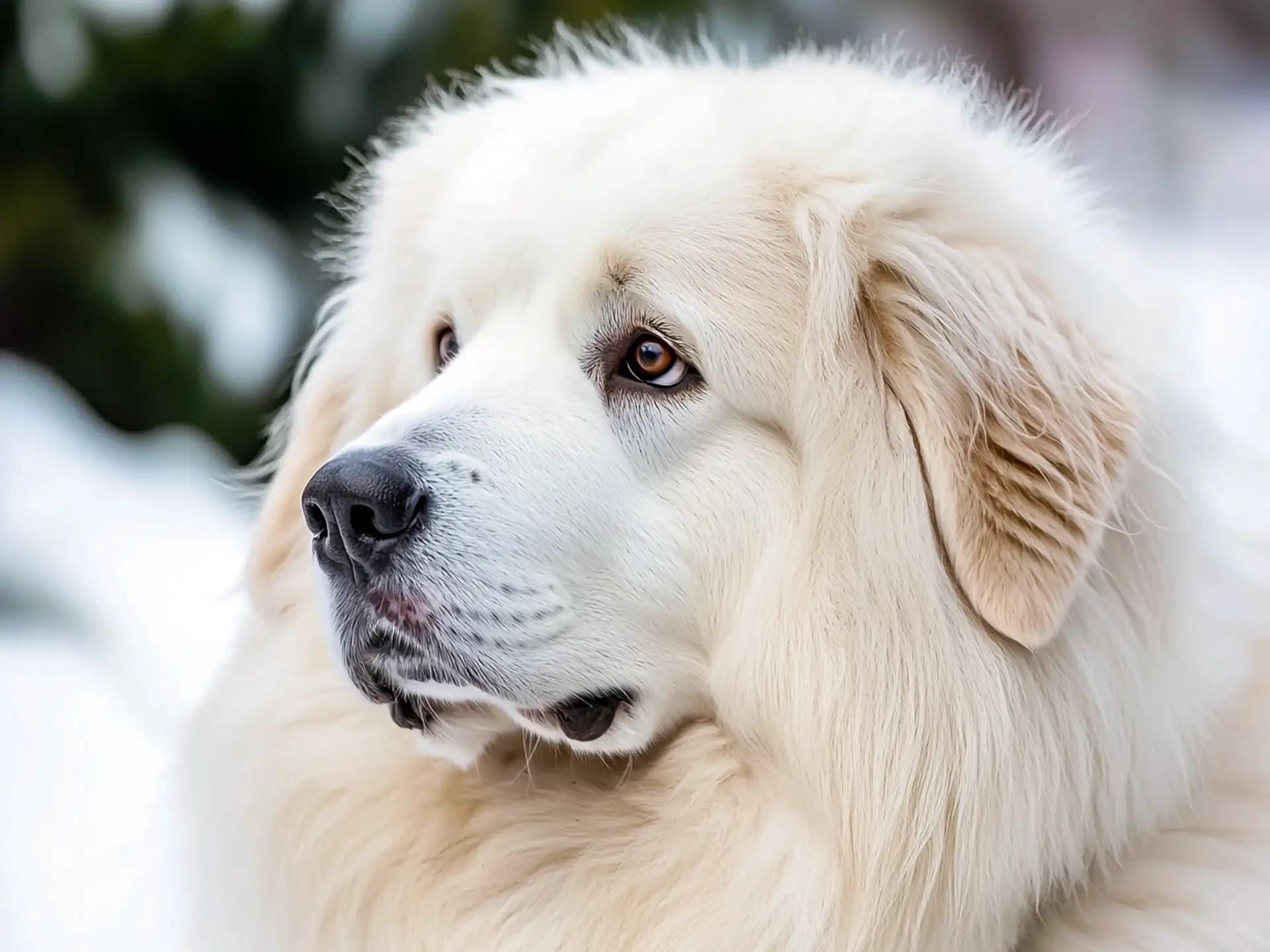 Close-up of Great Pyrenees with fluffy white fur and gentle eyes