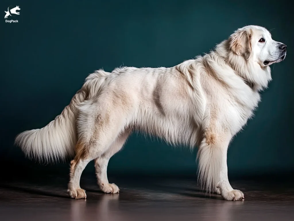 Great Pyrenees Dog breed full body view standing against green background