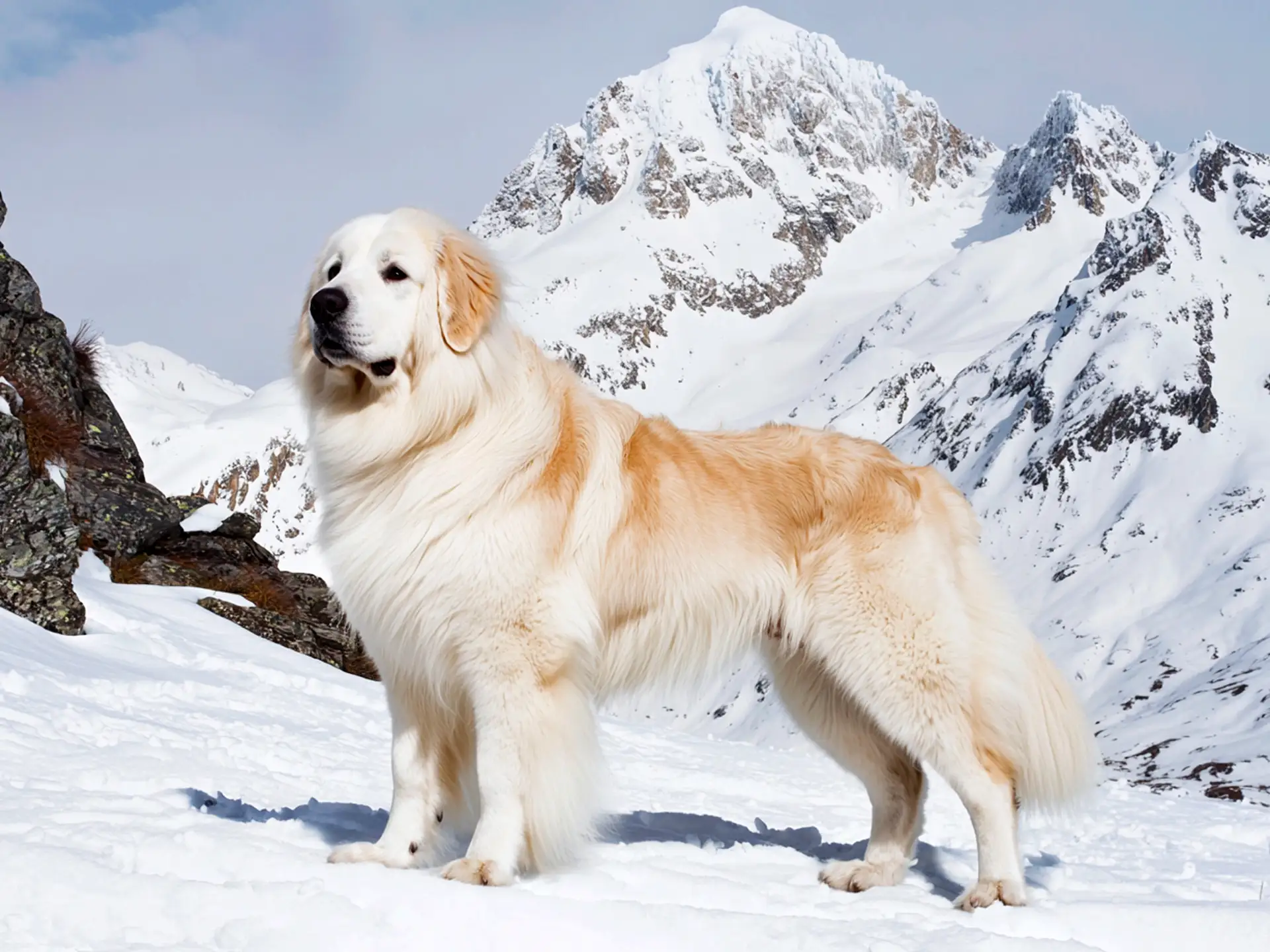 Side profile of Great Pyrenees in the mountains during winter.