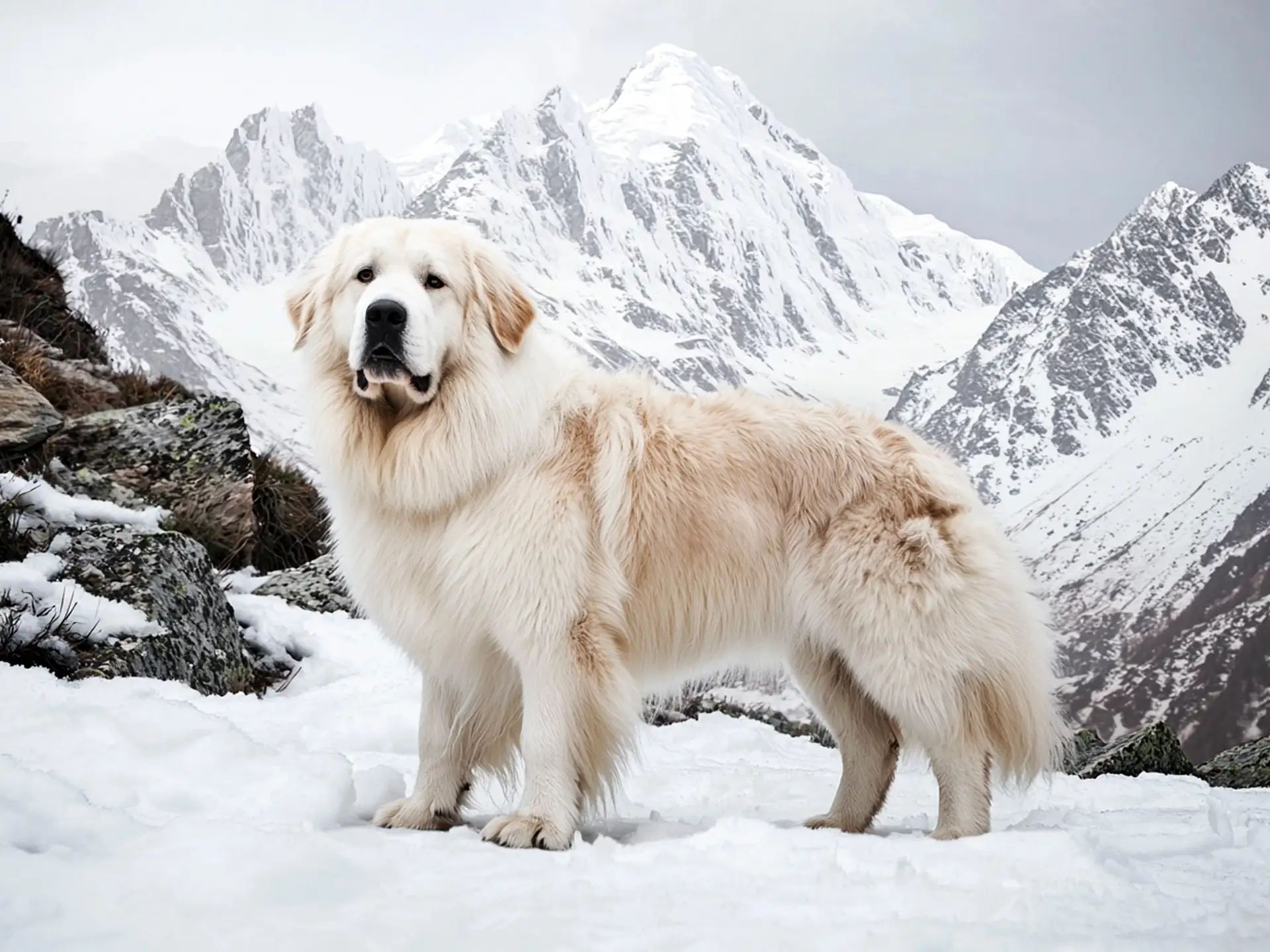 Great Pyrenees standing in snowy mountain landscape