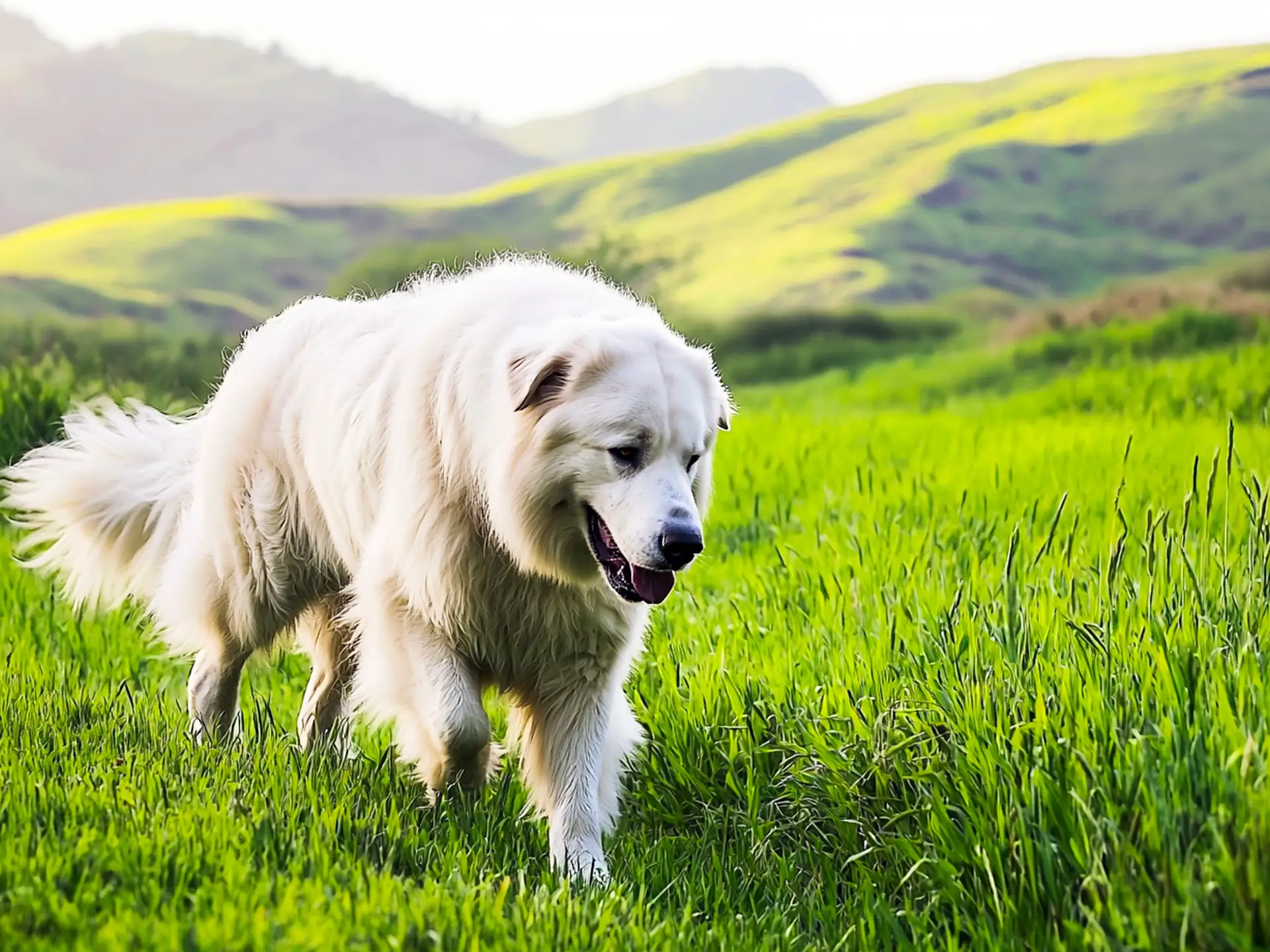 Great Pyrenees walking through a lush green meadow.