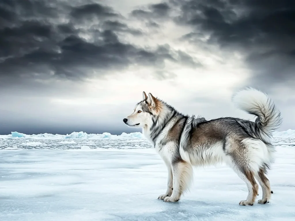 Greenland Dog standing on a frozen tundra, showcasing wolf-like traits with its thick coat, triangular ears, and muscular build in an Arctic wilderness.