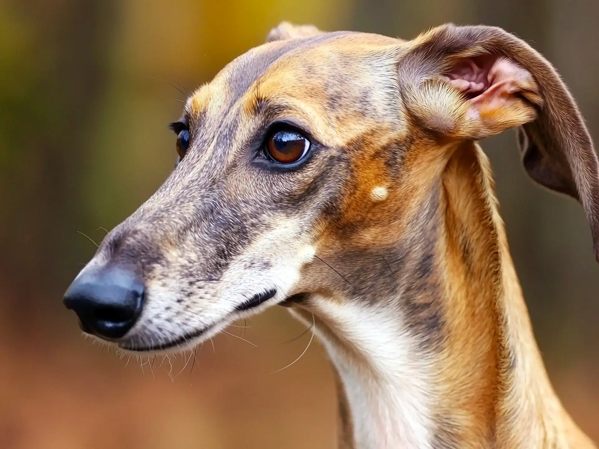 Close-up of a Greyhound with a brindle coat, highlighting its slender muzzle and expressive eyes