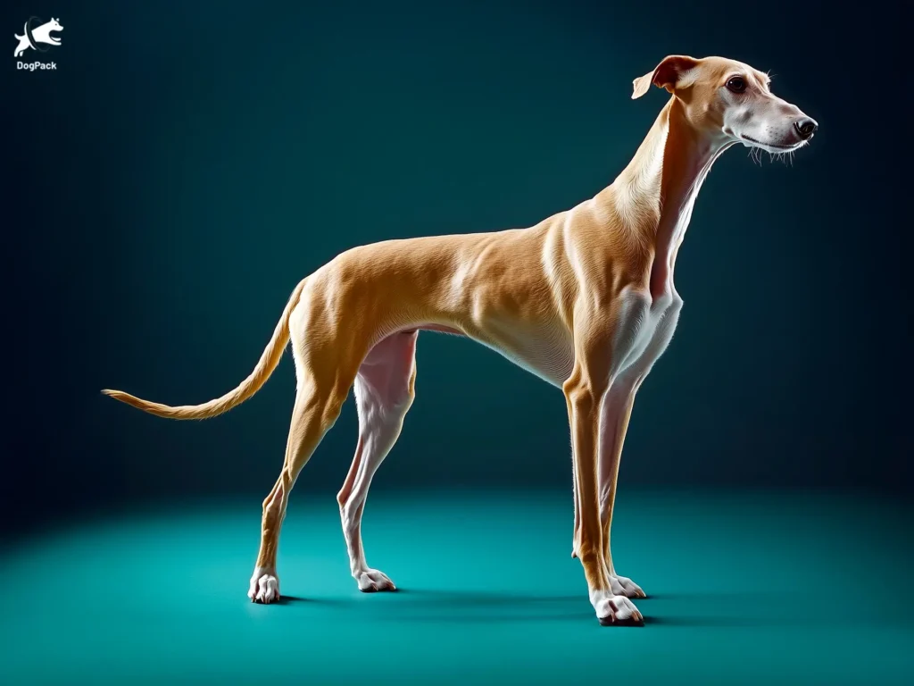 Greyhound Dog breed full body view standing against green background