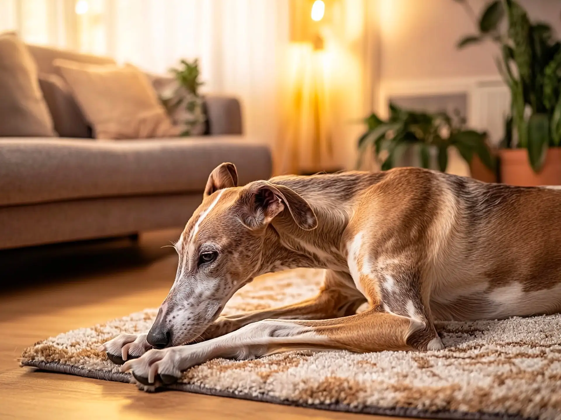 A Greyhound lying on a cozy rug in a warm and stylish living room, showcasing its elegant physique and calm demeanor