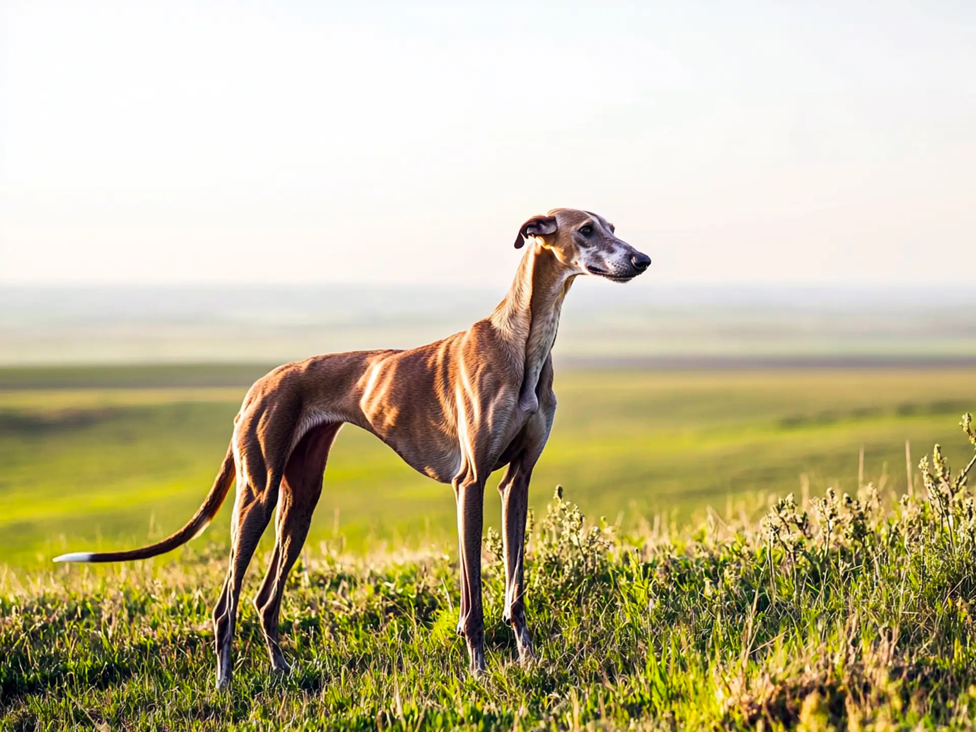 A Greyhound standing in a picturesque grassy field with a serene landscape, emphasizing its athletic build and graceful posture