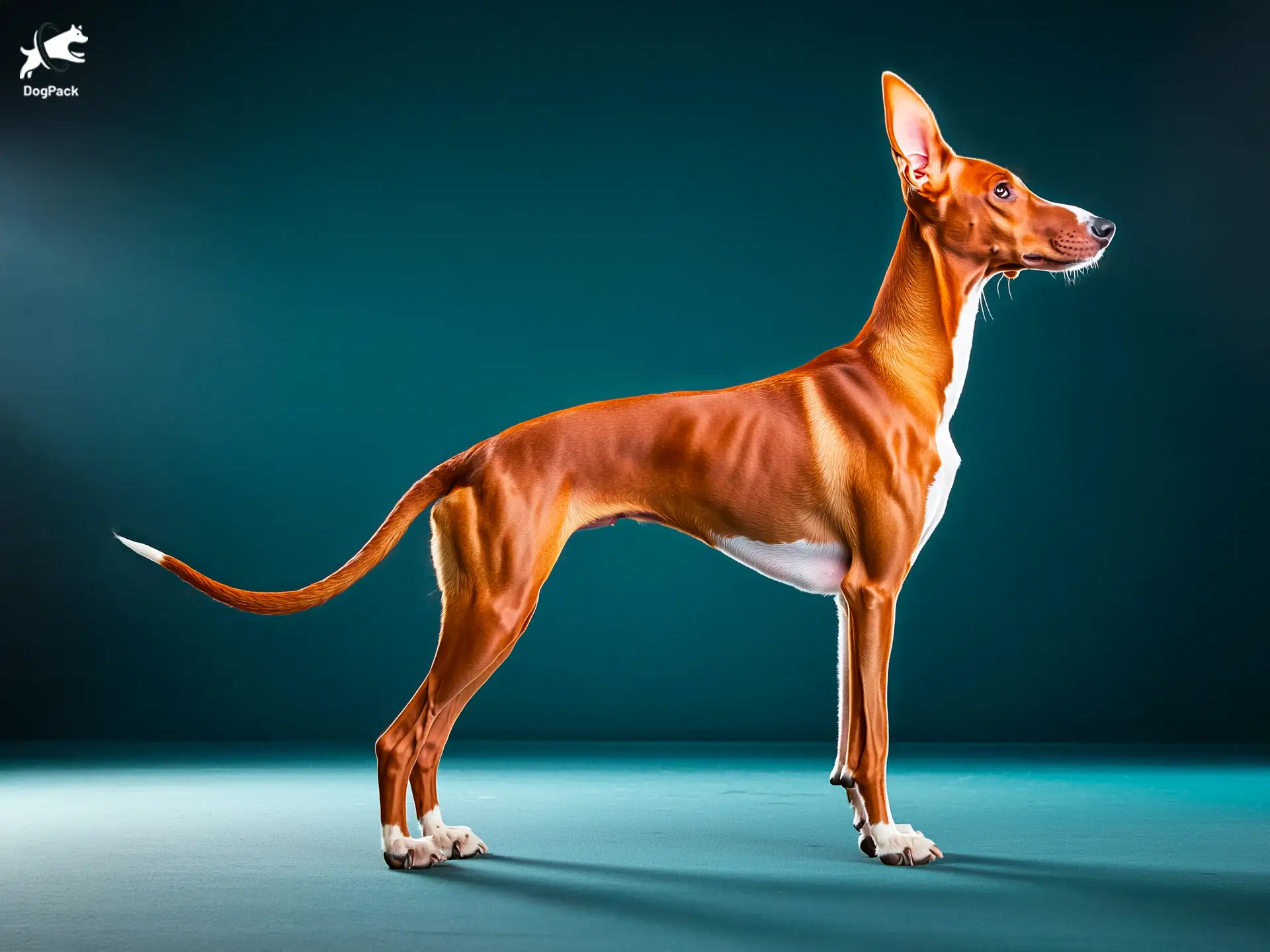 Ibizan Hound Dog breed full body view standing against green background