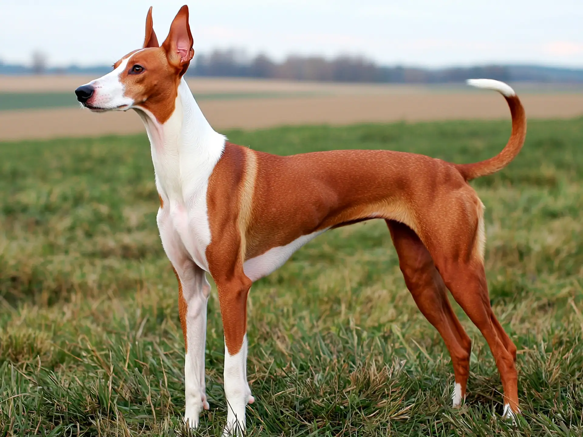 Graceful Ibizan Hound standing alert in a grassy field, showcasing its lean and athletic build