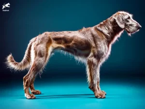 Irish Wolfhound Dog breed full body view standing against green background