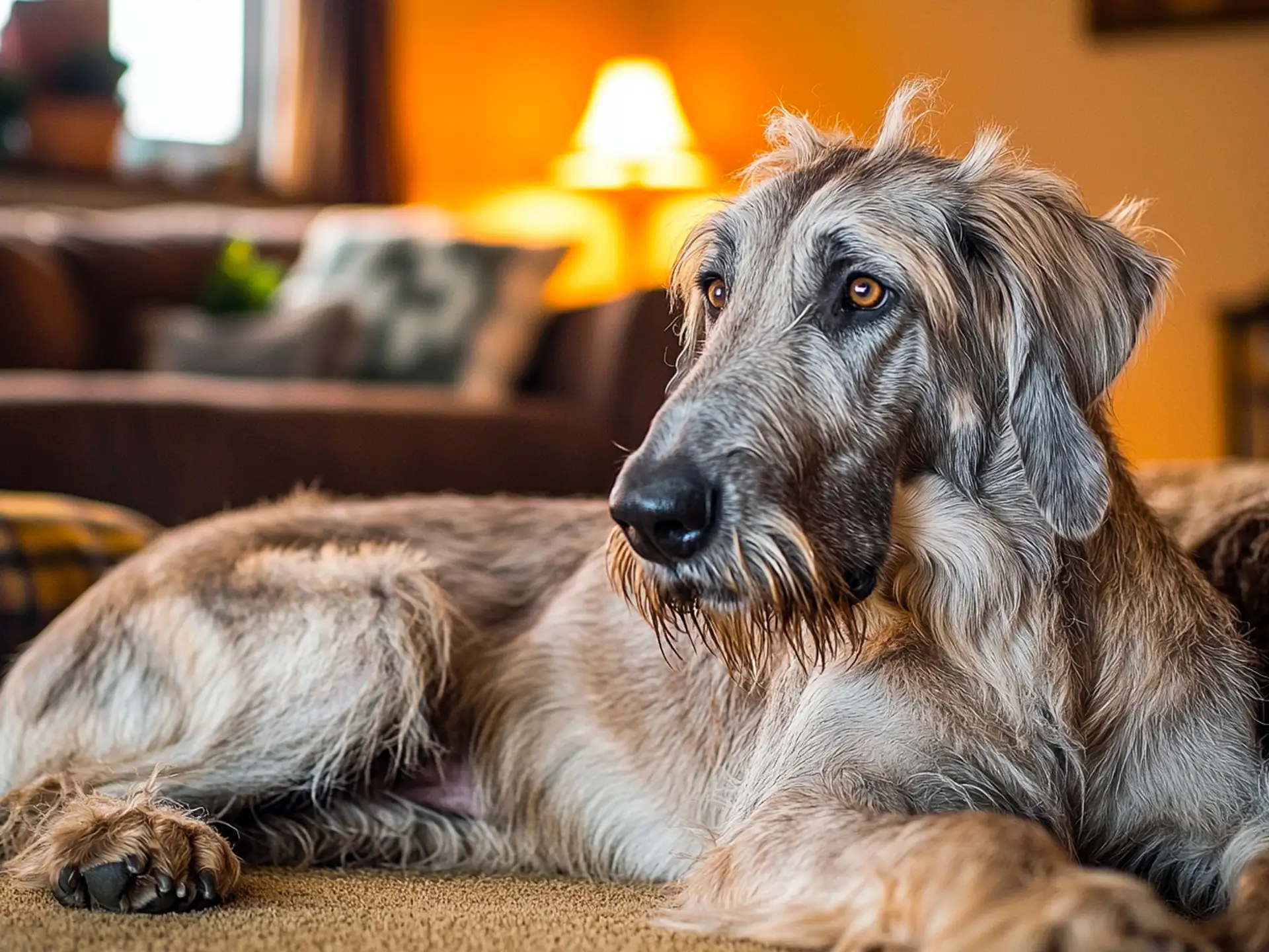 Irish Wolfhound resting indoors with a calm expression