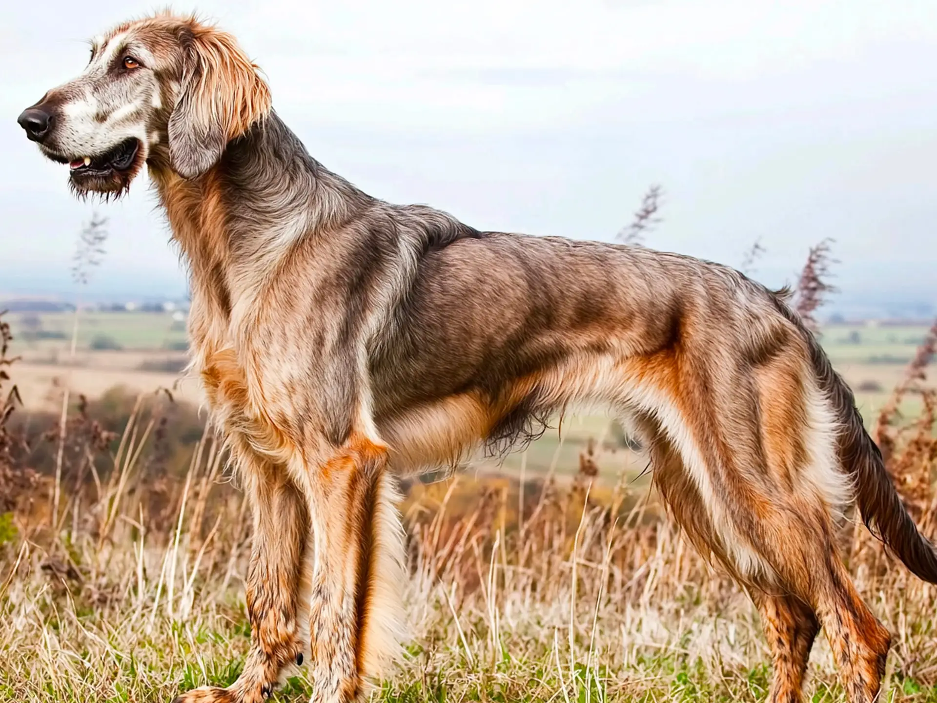 Side profile of an Irish Wolfhound standing outdoors in a field