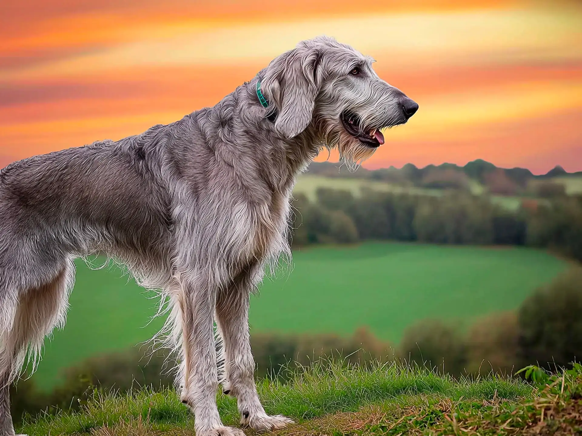 Irish Wolfhound standing on a windswept hillside, showcasing its towering build, wiry gray coat, and powerful stance against a vibrant sunset.