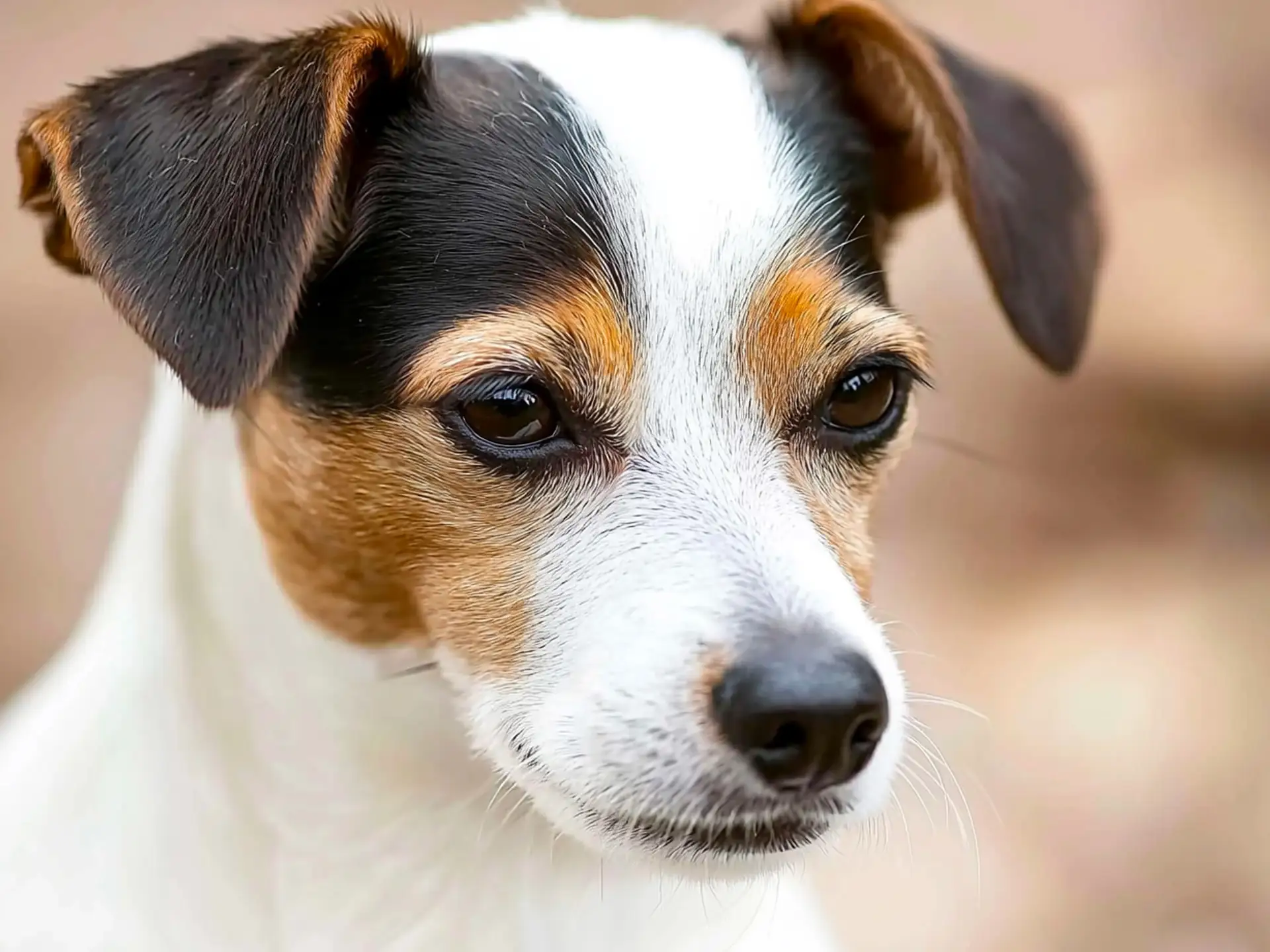 Close-up of a Jack Russell Terrier's face with attentive eyes