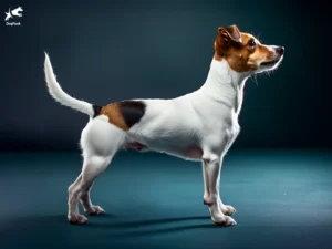 Jack Russell Terrier Dog breed full body view standing against green background