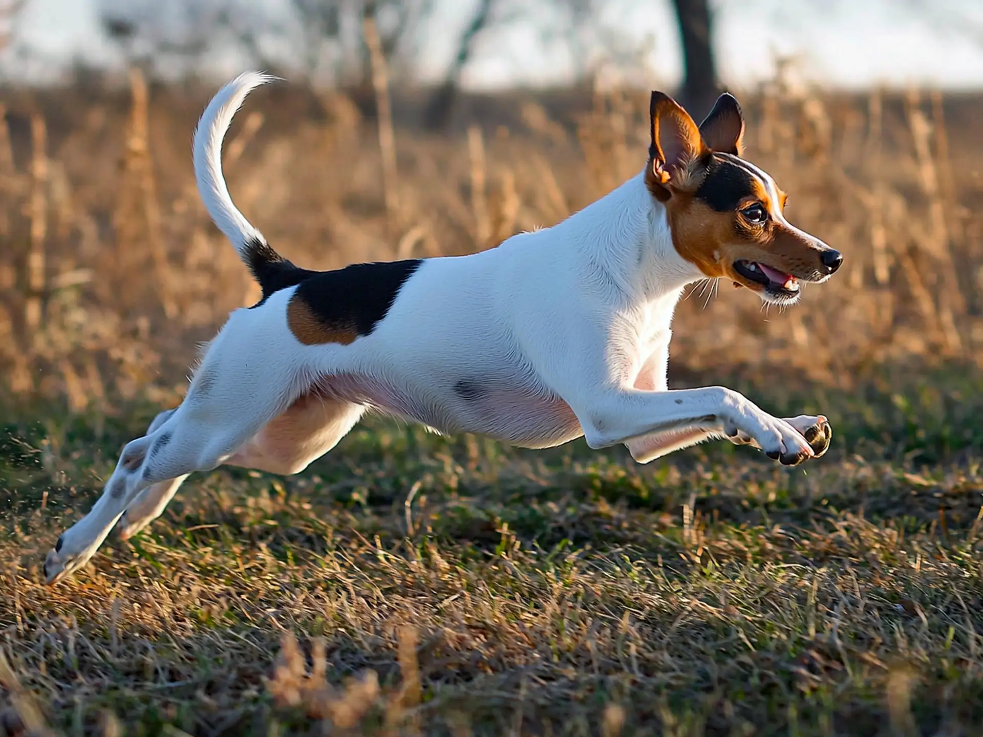 Jack Russell Terrier in mid-jump outdoors in a sunny field