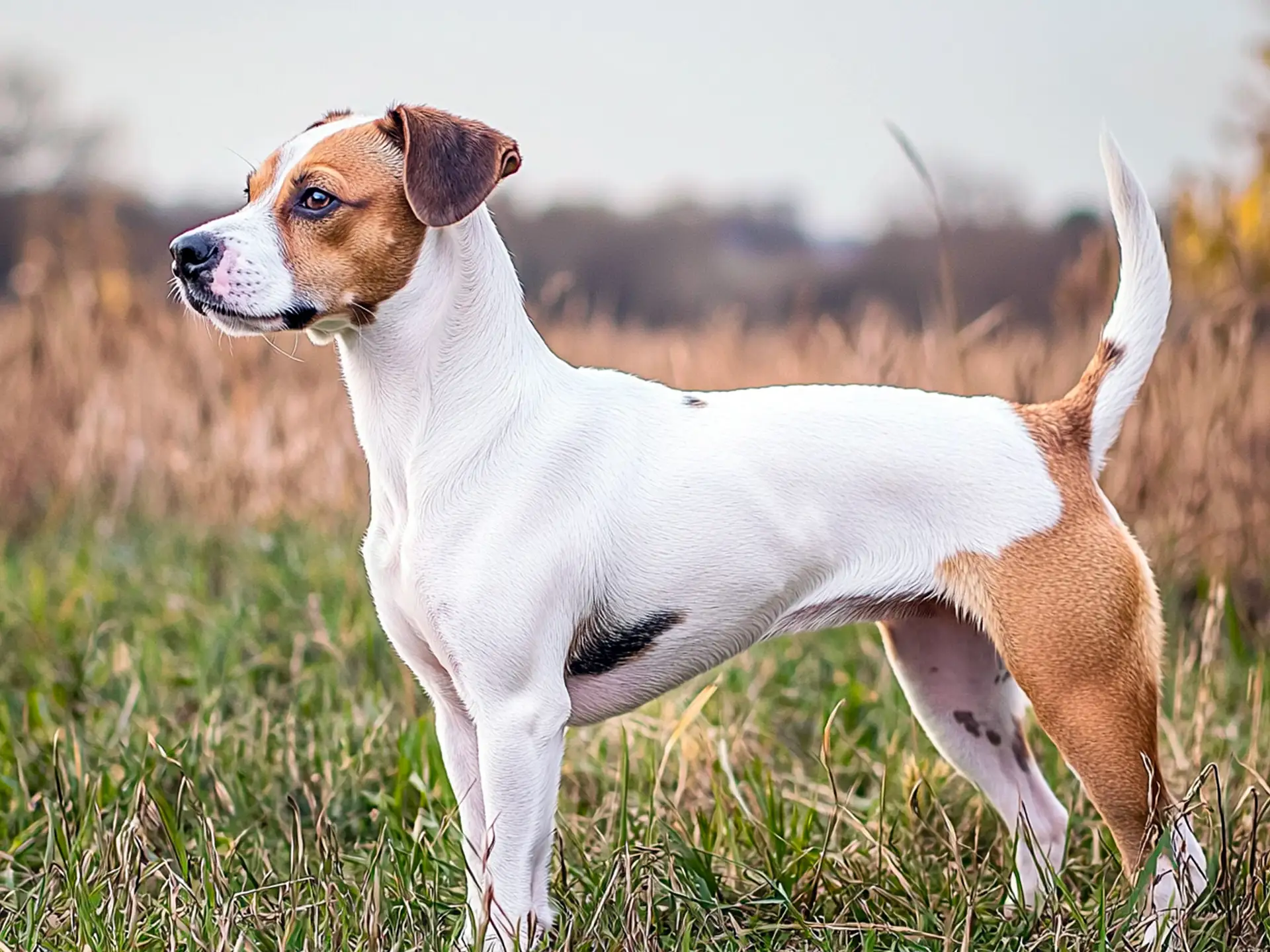 Side profile of a Jack Russell Terrier standing on a grassy field