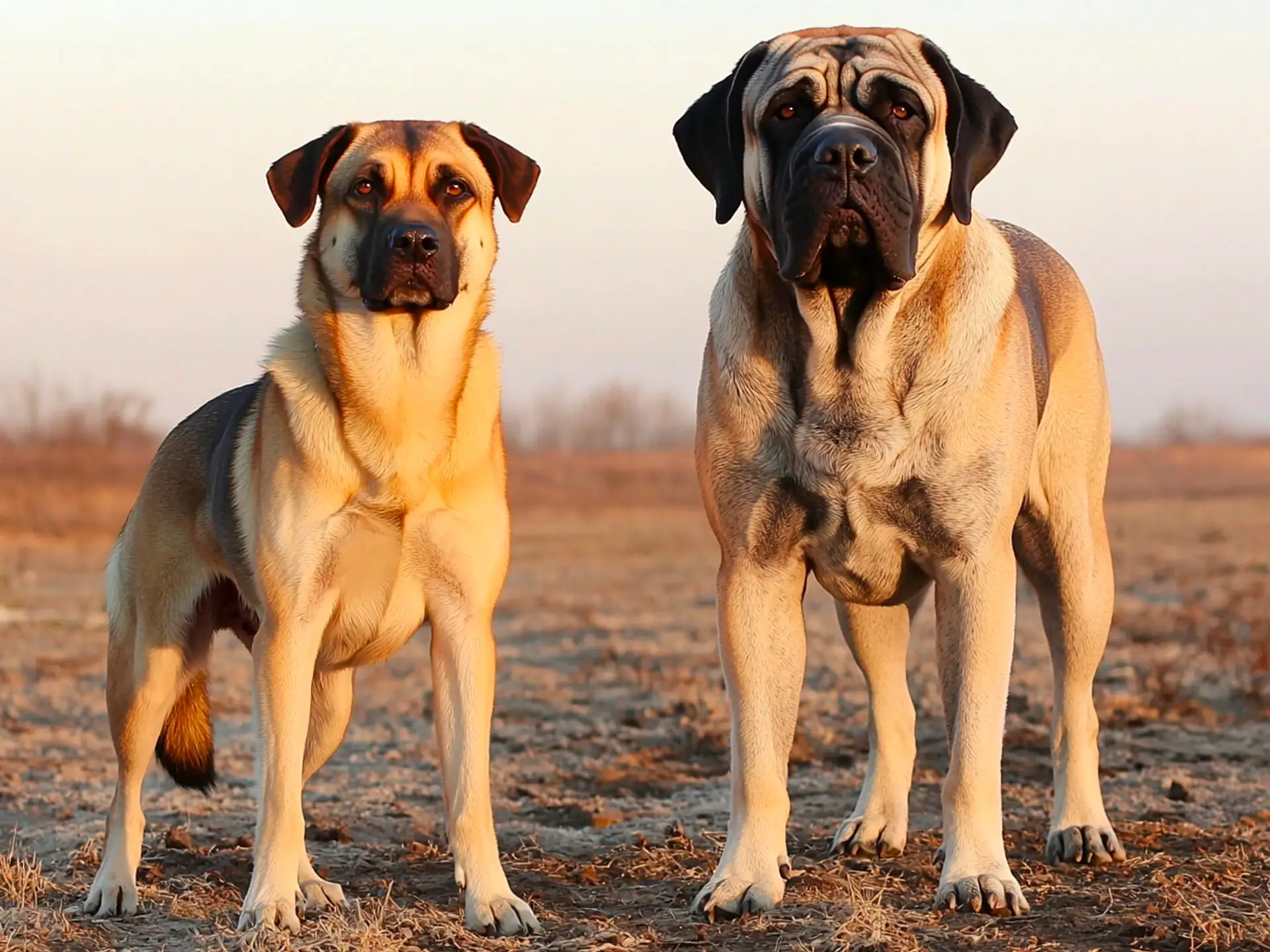 Kangal Shepherd Dog and English Mastiff standing side by side in an open field, showcasing their size, strength, and muscular build as two of the strongest dog breeds in the world.