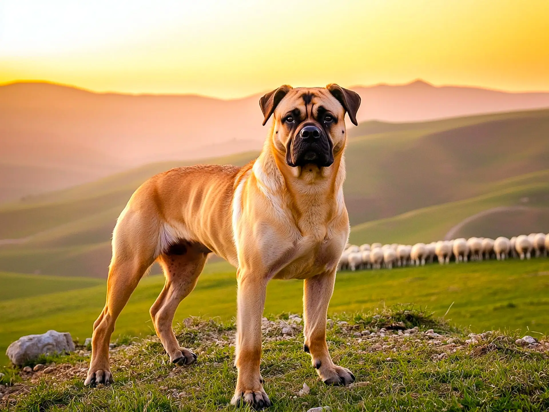 Kangal dog standing on a hilltop at sunrise, showcasing its muscular build, broad chest, and black-masked face while guarding a herd of sheep.