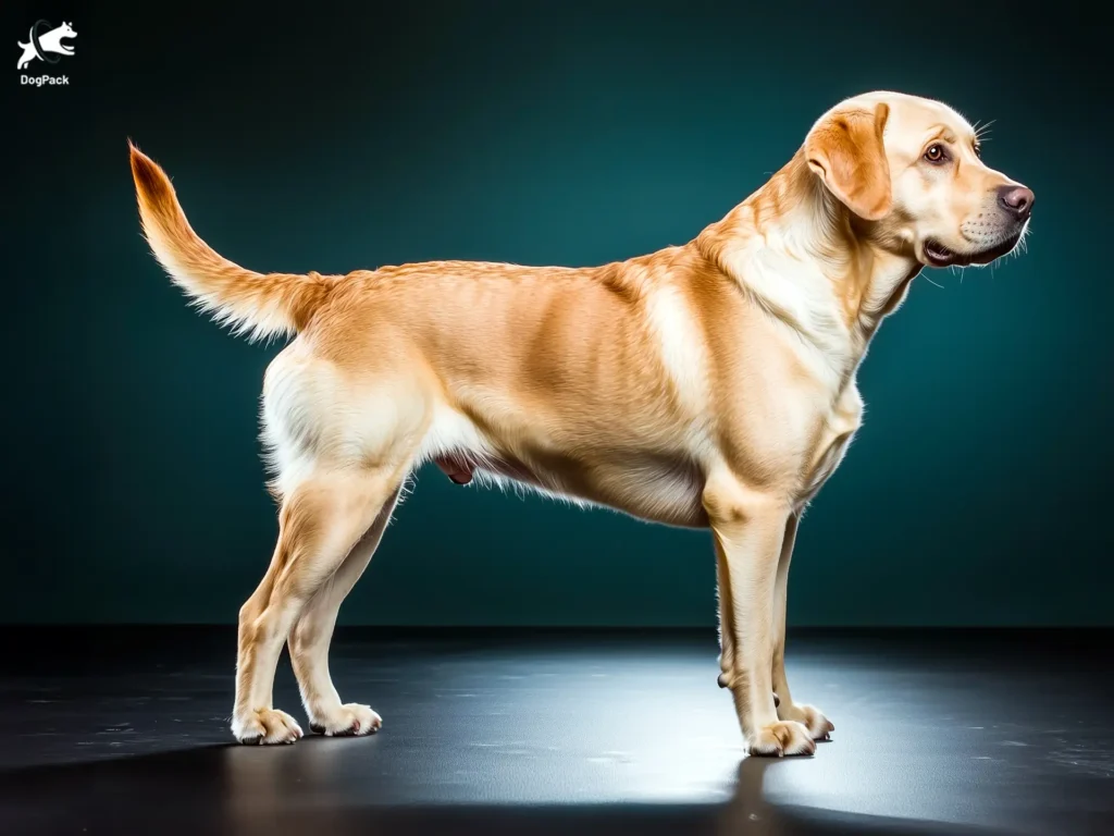 Labrador Retriever Dog breed full body view standing against green background