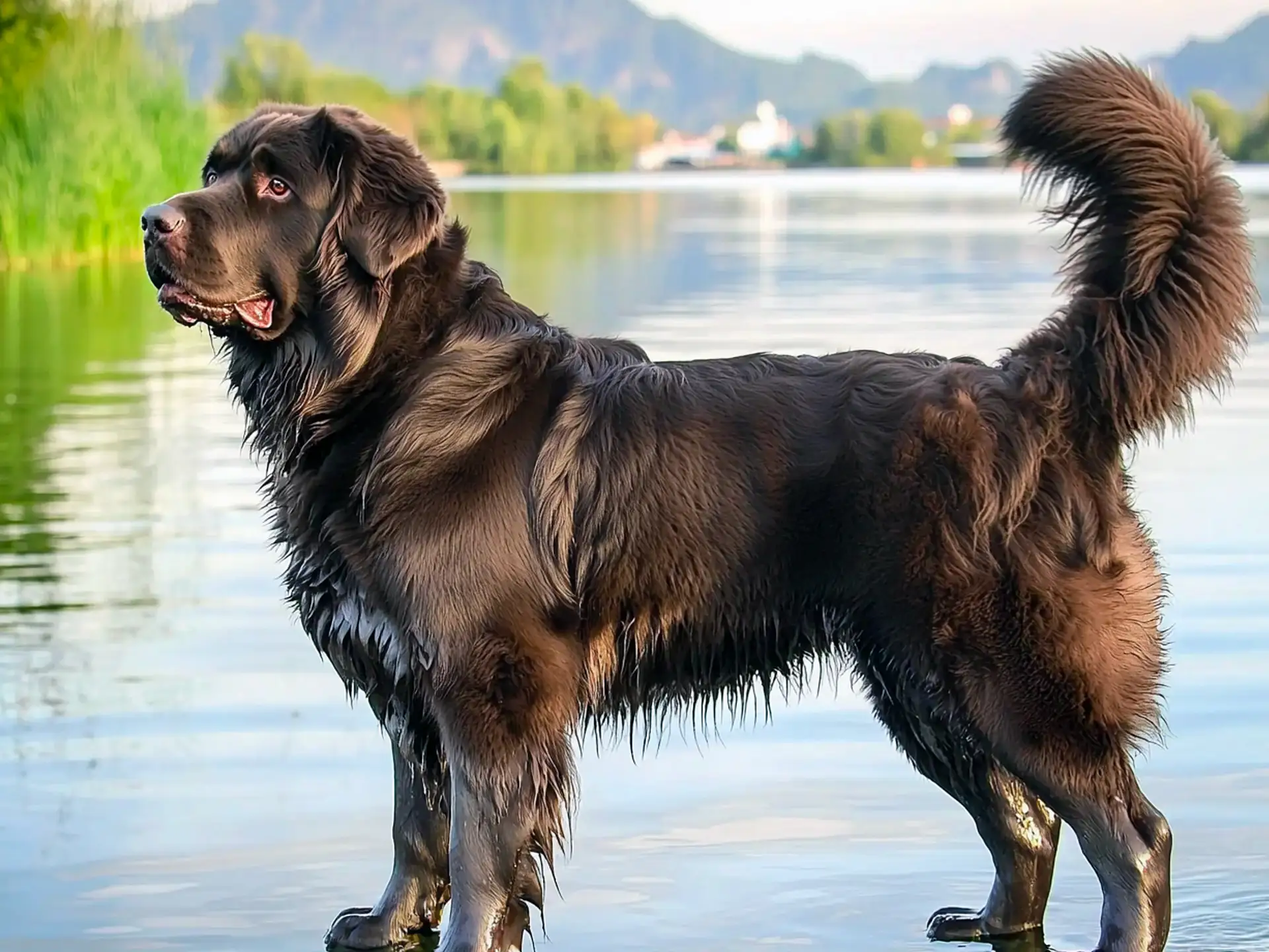 Brown Newfoundland dog standing in a lake with a scenic background