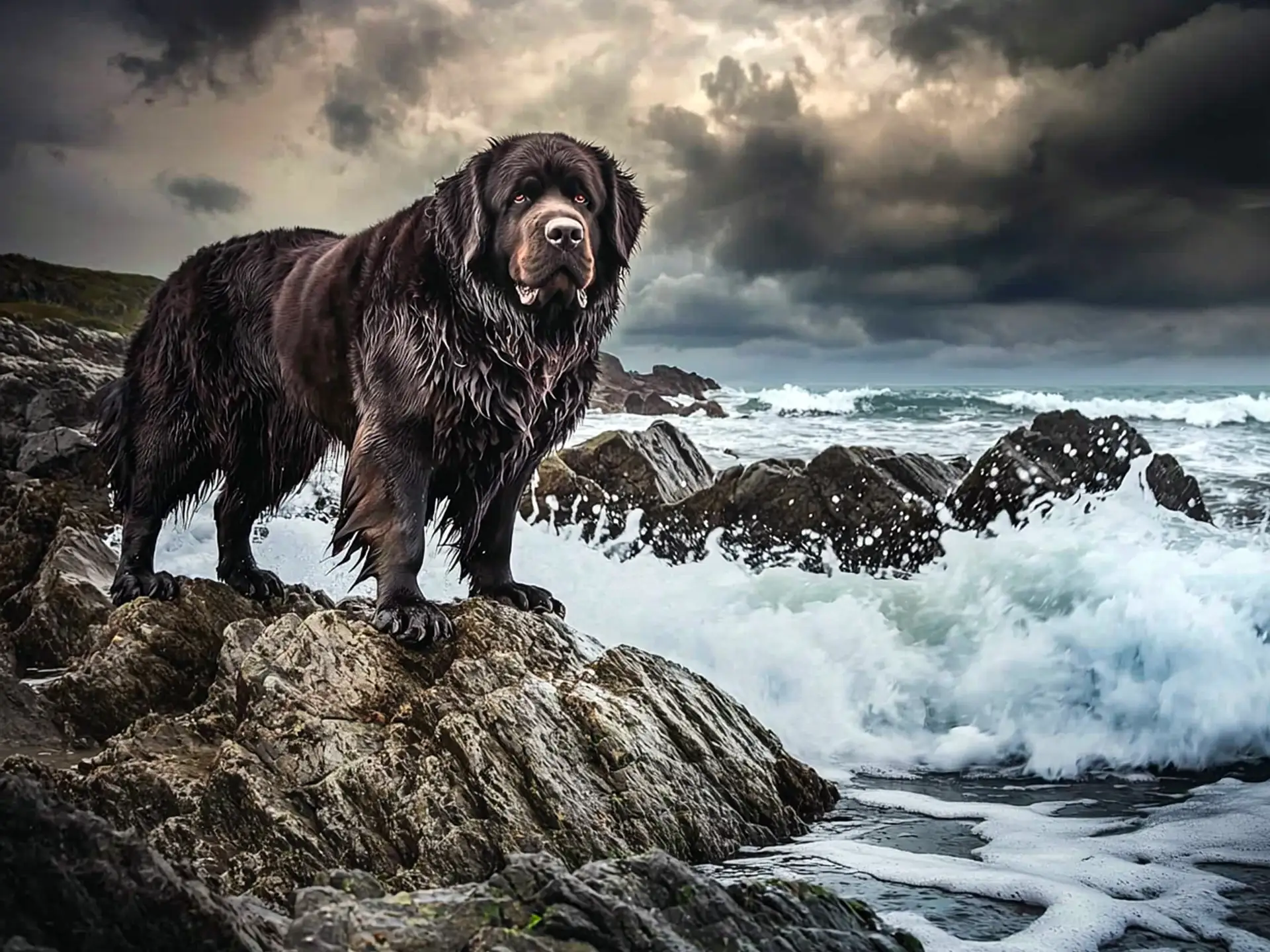 Newfoundland dog standing on a rocky shoreline, showcasing its massive build, thick black coat, and powerful stance against a dramatic ocean backdrop.