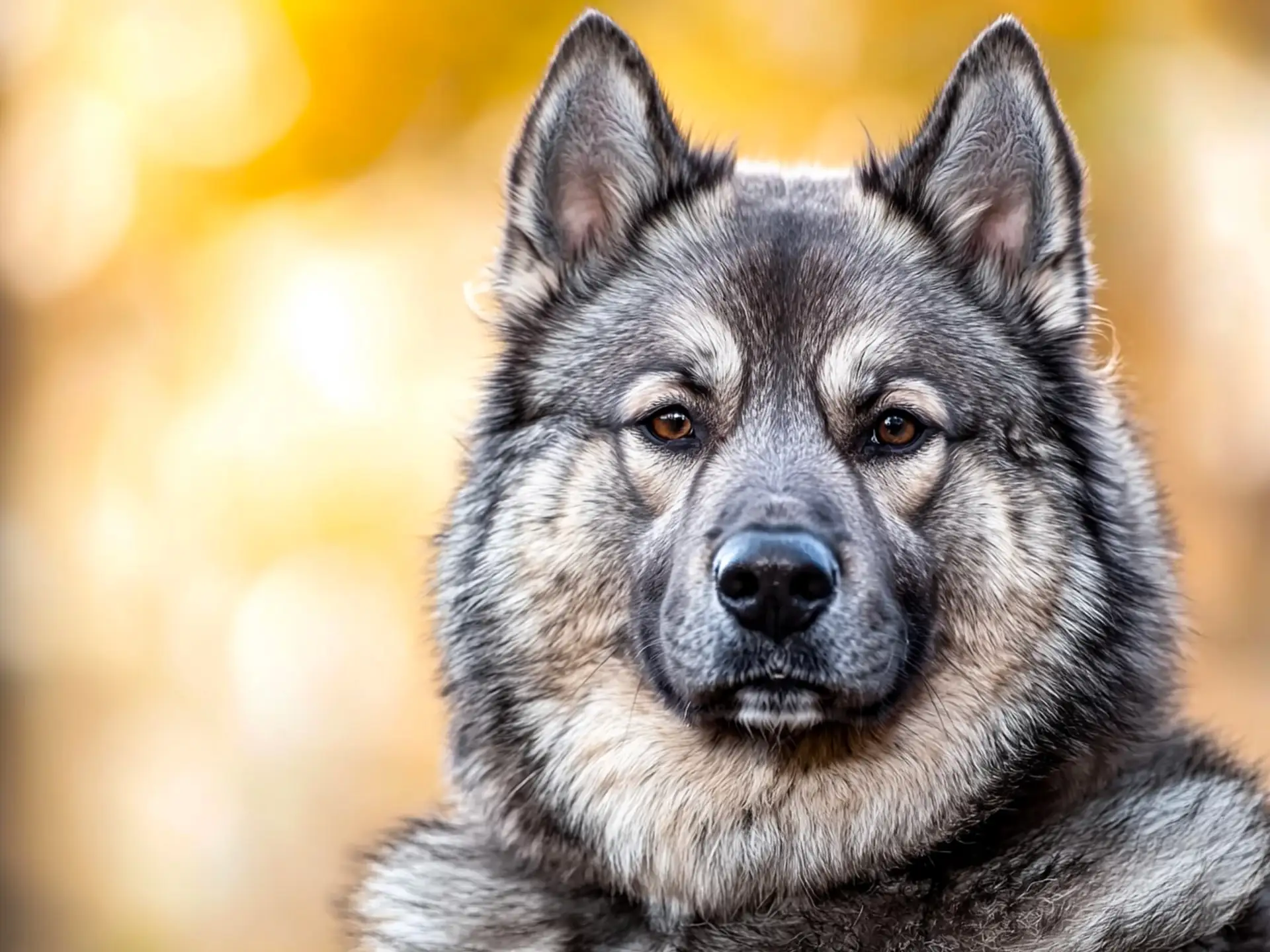 Close-up of a Norwegian Elkhound's face with a focused expression and pointed ears