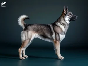 Norwegian Elkhound Dog breed full body view standing against green background