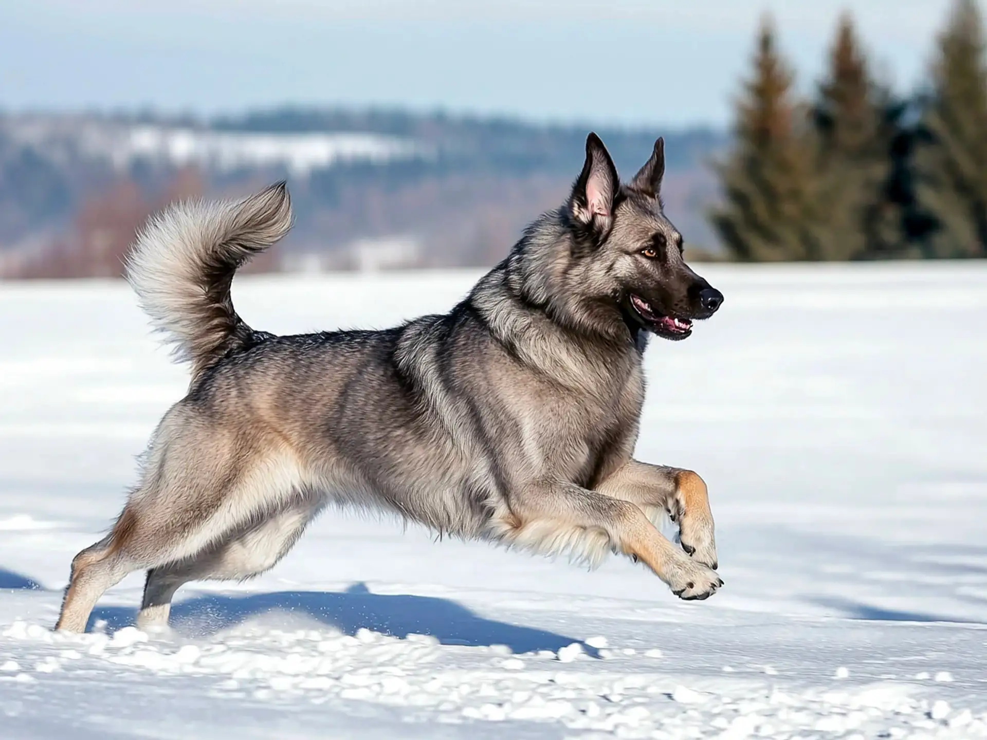 Norwegian Elkhound running through snow, highlighting its athletic build and thick fur.