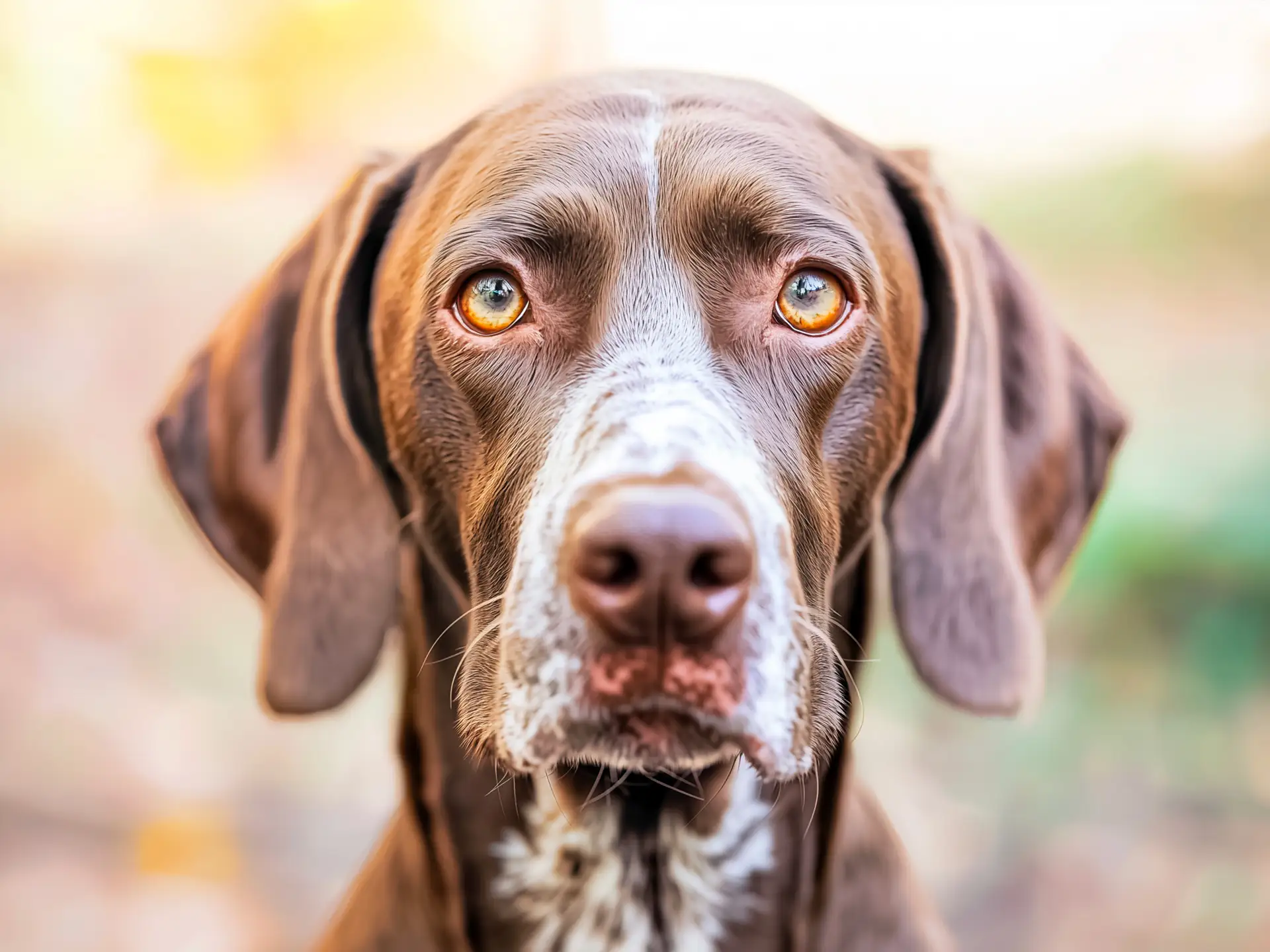 Close-up portrait of a Gammel Dansk Hønsehund (Old Danish Pointer) showcasing its brown and white coat with expressive amber eyes