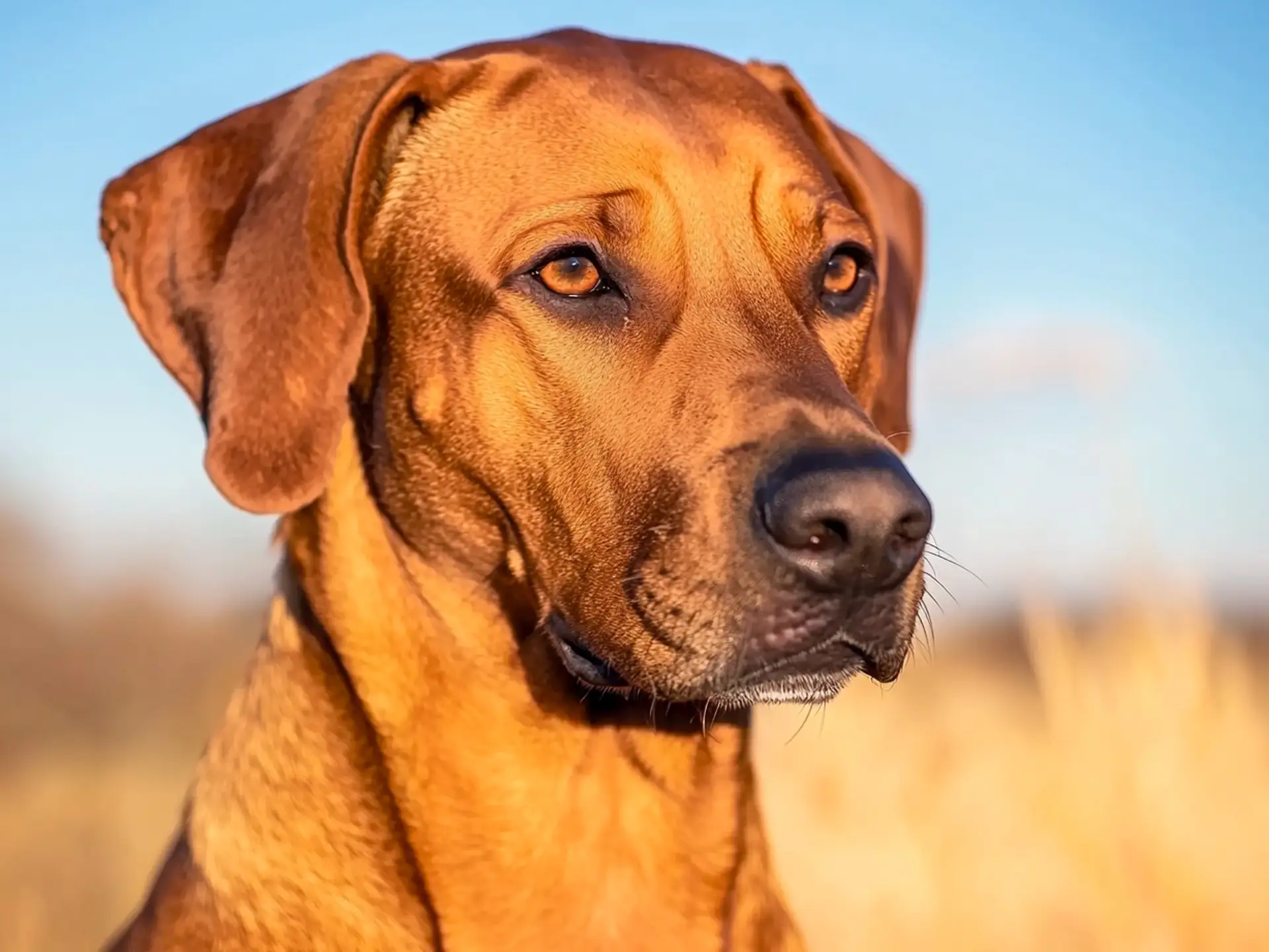 Close-up of a Rhodesian Ridgeback with golden brown fur under a clear blue sky