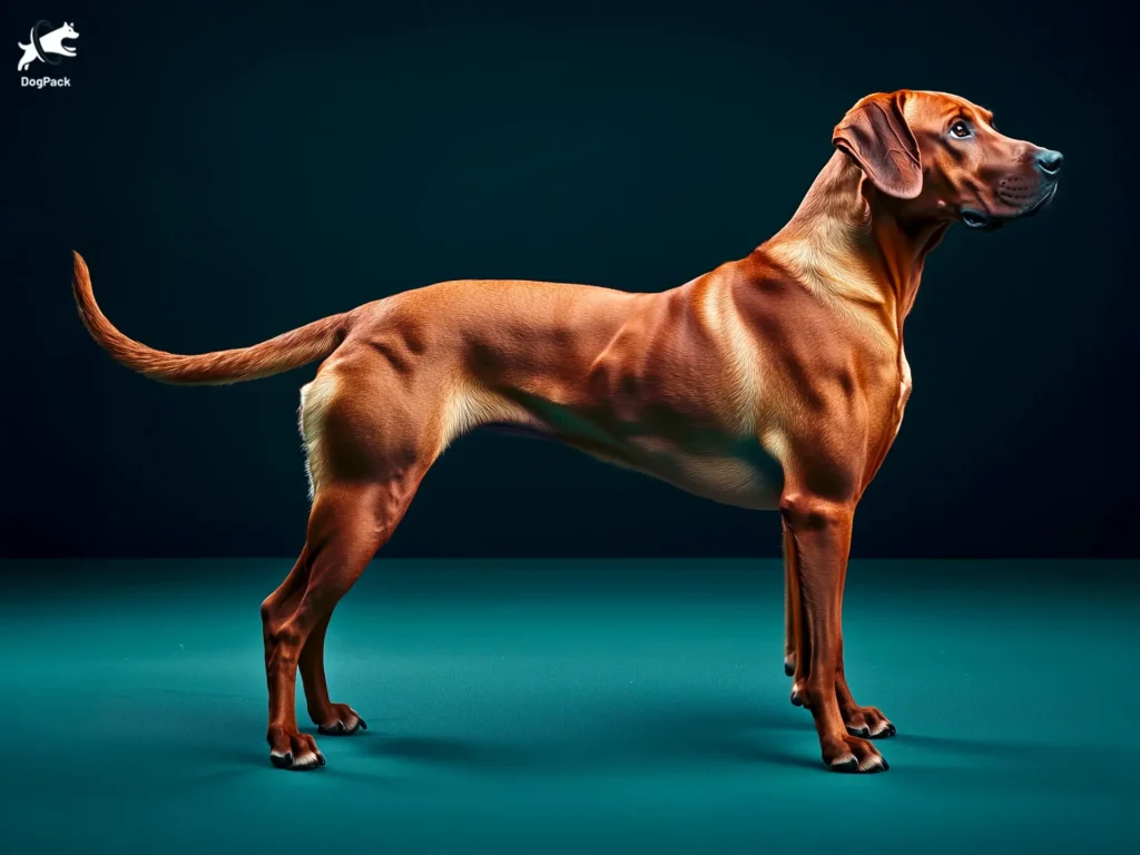 Rhodesian Ridgeback Dog breed full body view standing against green background