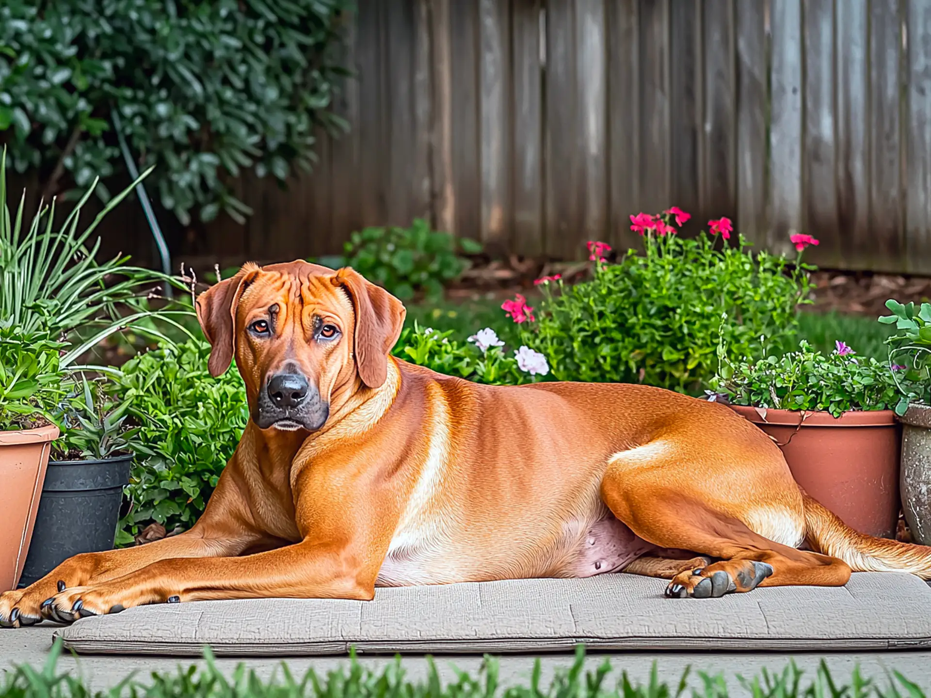 Rhodesian Ridgeback dog relaxing outdoors on a patio surrounded by colorful potted plants