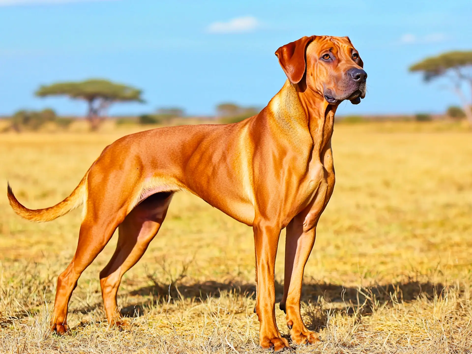 Elegant Rhodesian Ridgeback standing in a sunny savanna landscape