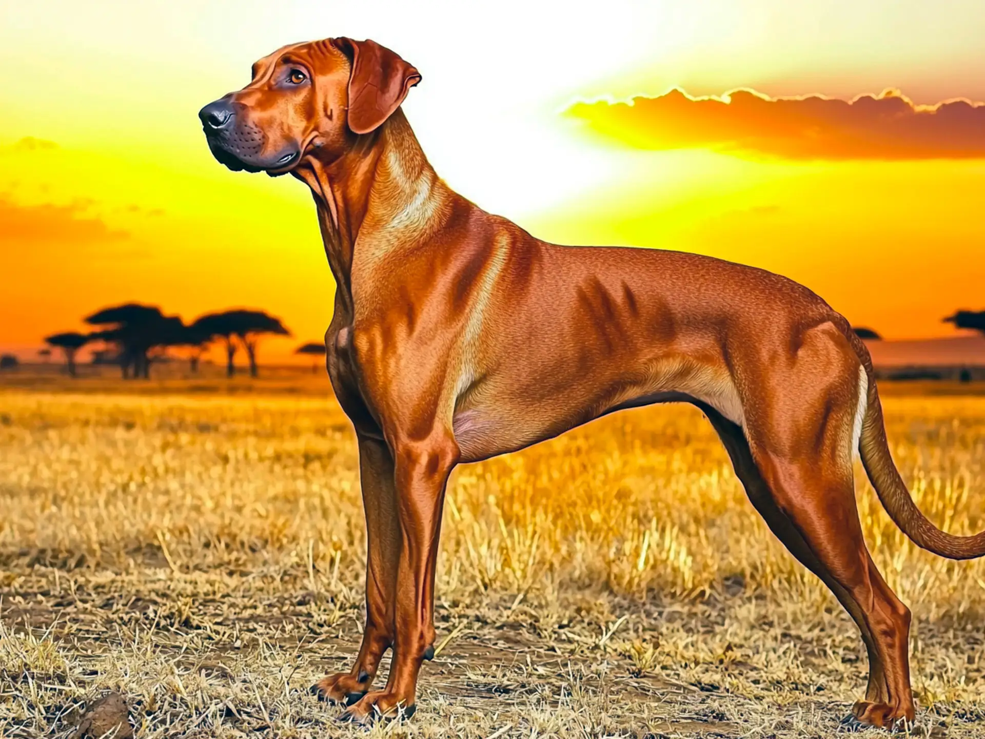 Rhodesian Ridgeback standing on a sunlit savanna, showcasing its muscular build, iconic ridge, and athletic stance against a vibrant sunset backdrop.