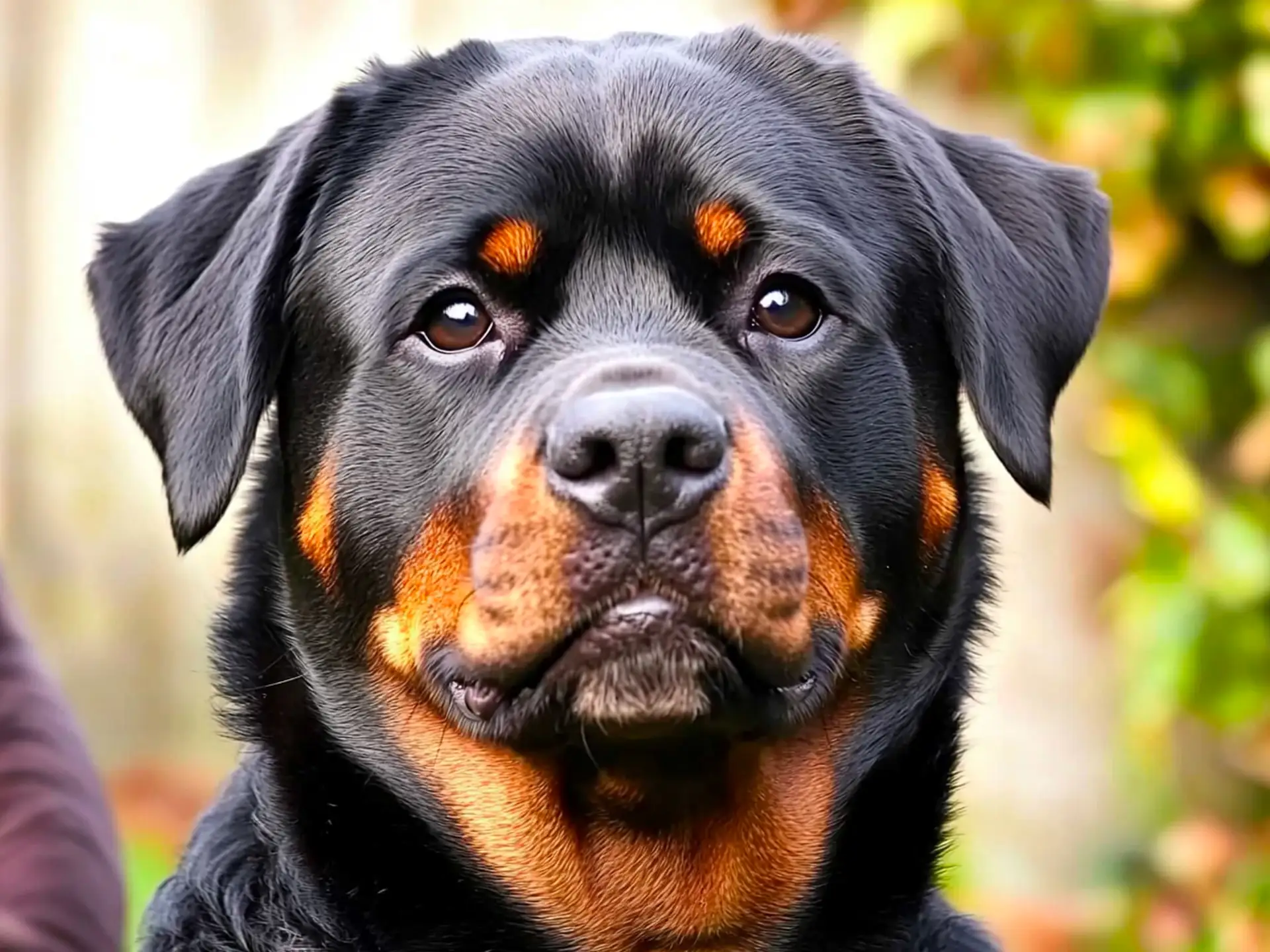 Close-up portrait of a Rottweiler, highlighting its intelligent eyes and distinctive black-and-tan coat