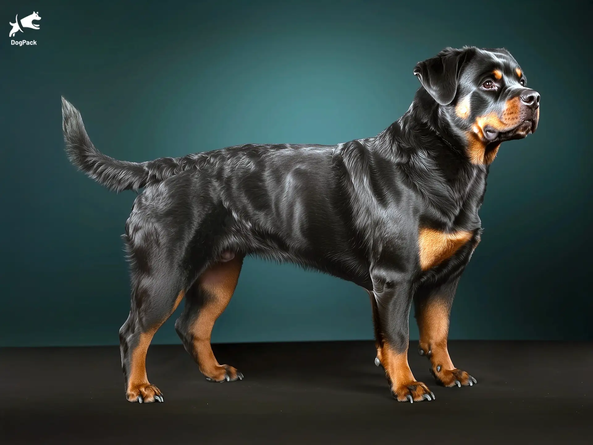 Rottweiler Dog breed full body view standing against green background