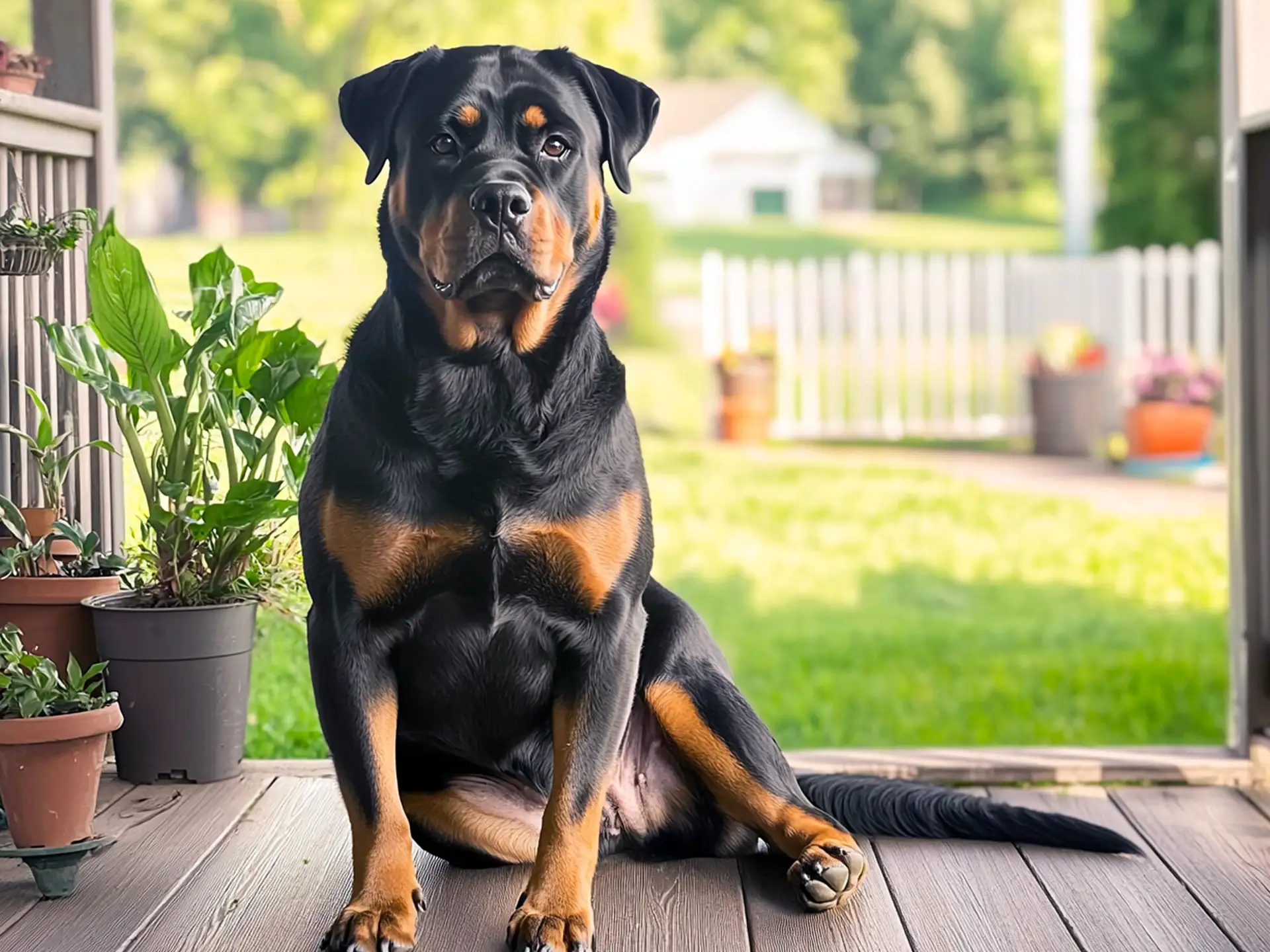 Rottweiler sitting on a porch, showing its muscular build and alert expression