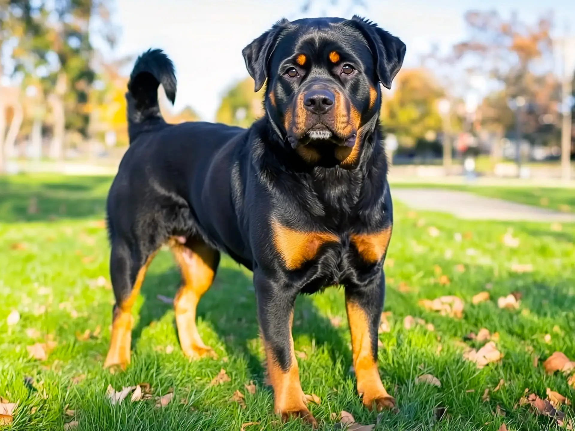 Rottweiler standing on grass, showcasing its sturdy frame and confident stance