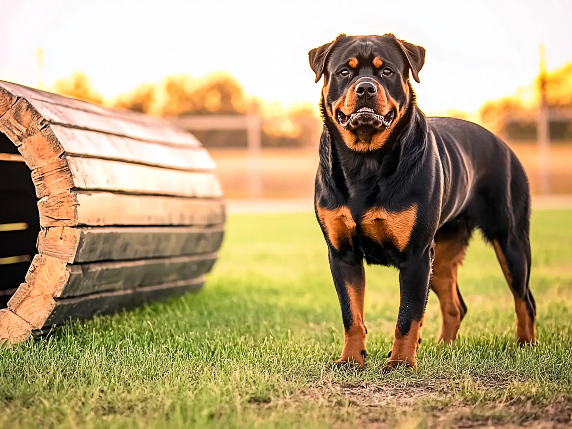 Rottweiler standing on a grassy field, showcasing its muscular build, broad chest, and powerful stance, with a training obstacle in the background.