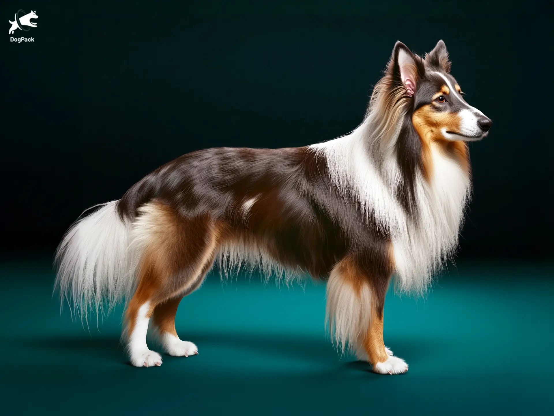 A full-body side view of a Rough Collie with a thick, lush coat, standing in profile against a dark cyan backdrop