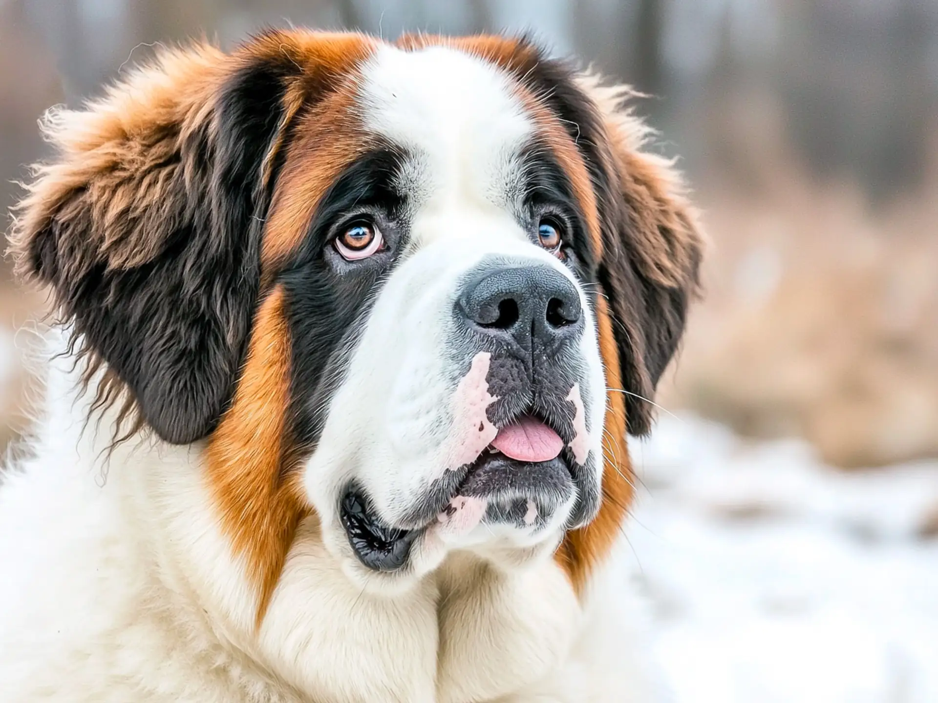 Close-up portrait of a Saint Bernard with a fluffy coat and a gentle expression