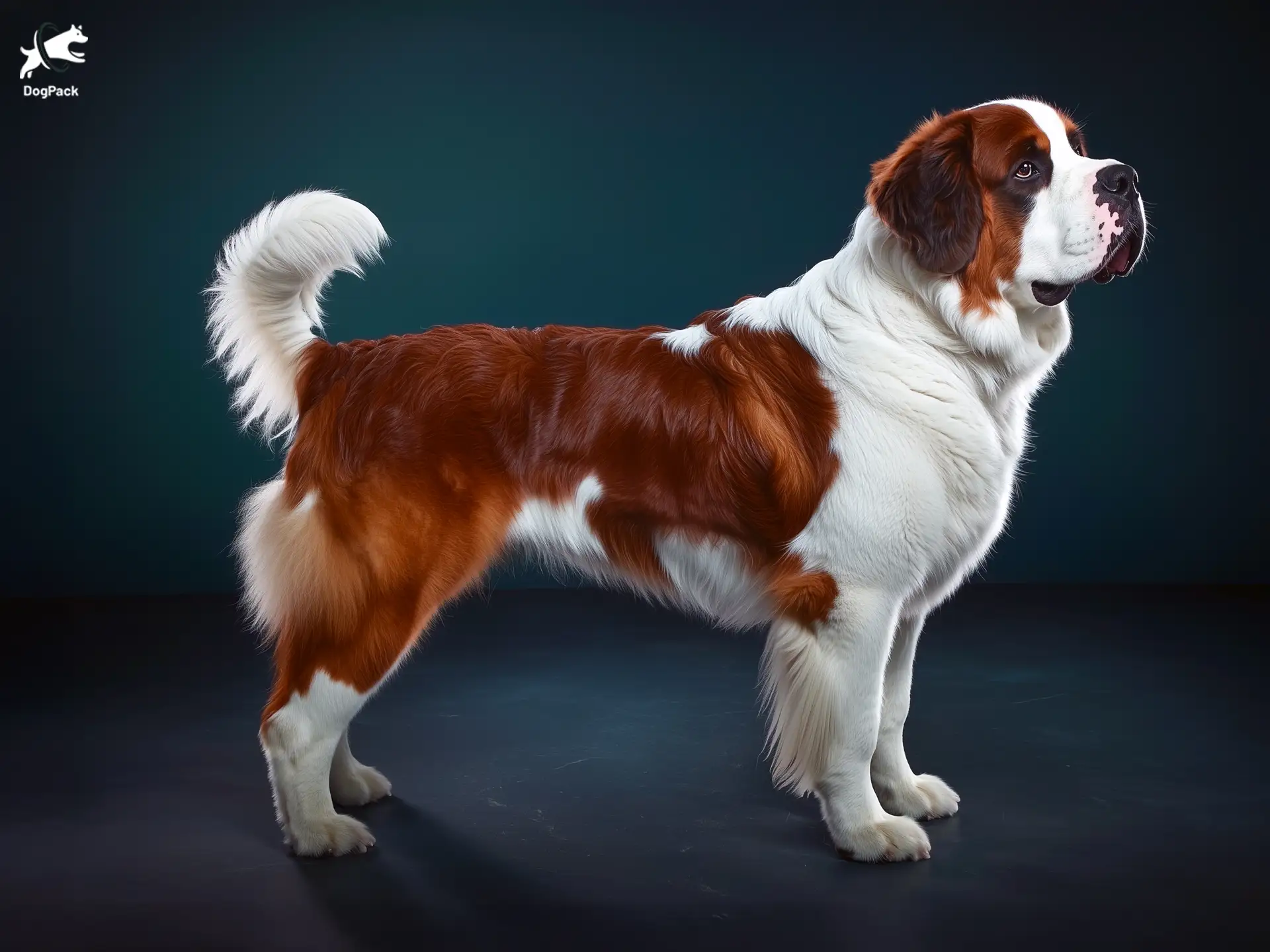 Saint Bernard Dog breed full body view standing against green background