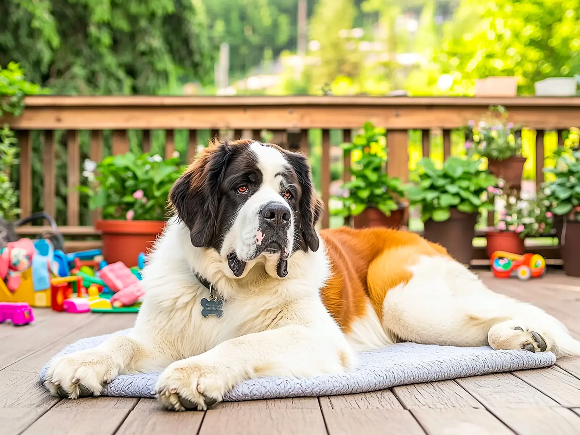 Saint Bernard lying on a wooden deck surrounded by plants and children's toys