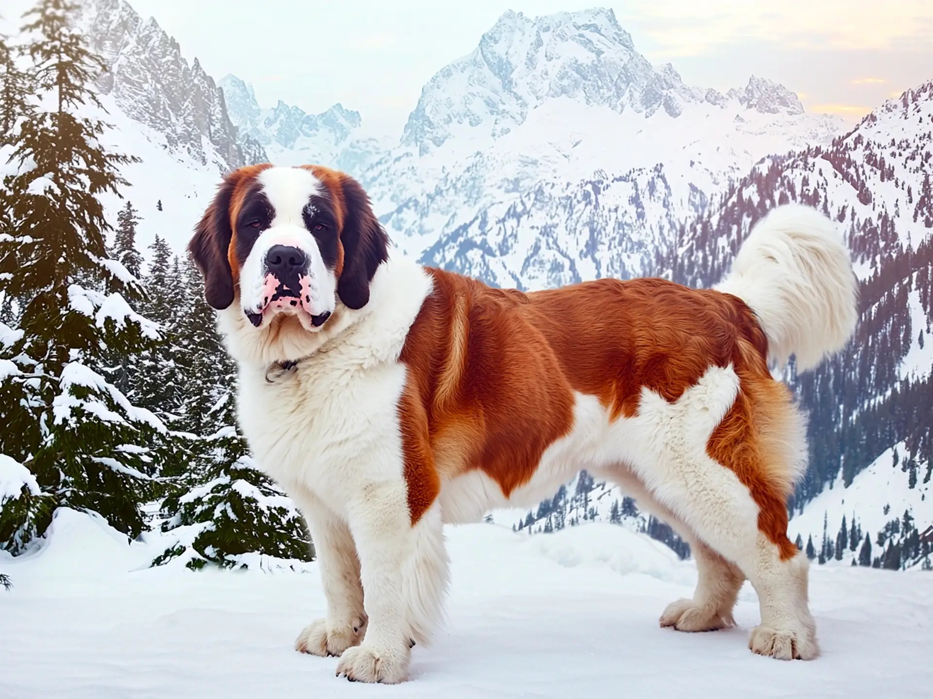 Saint Bernard standing confidently in the snow against a backdrop of snowy mountains