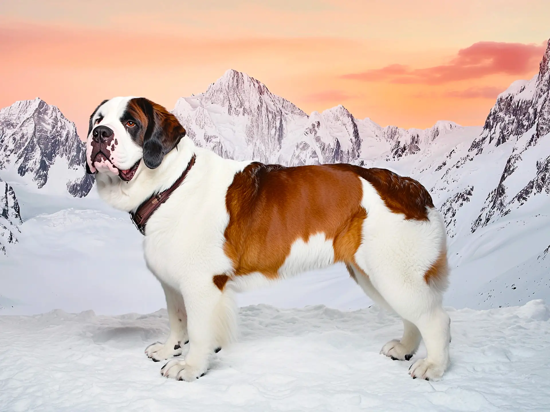 Saint Bernard standing in a snowy alpine setting, showcasing its massive build, thick coat, and strength, with snow-capped peaks in the background.