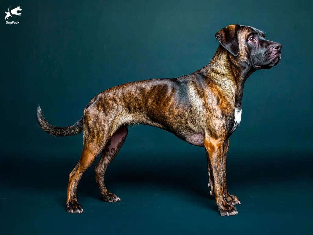 Saint Miguel Cattle Dog breed full body view standing against green background