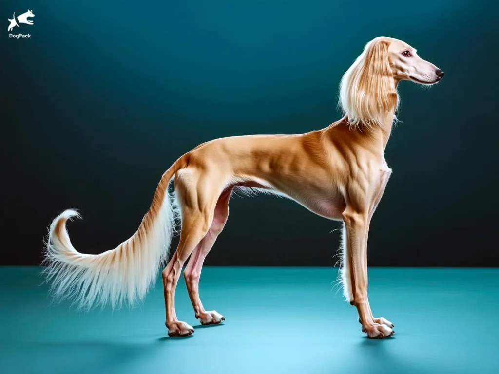 Saluki Dog breed full body view standing against green background