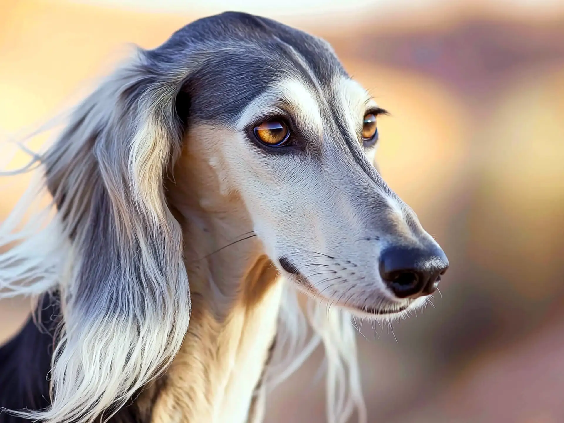 Close-up of a Saluki dog in a serene desert setting, highlighting its sleek muzzle and flowing ears