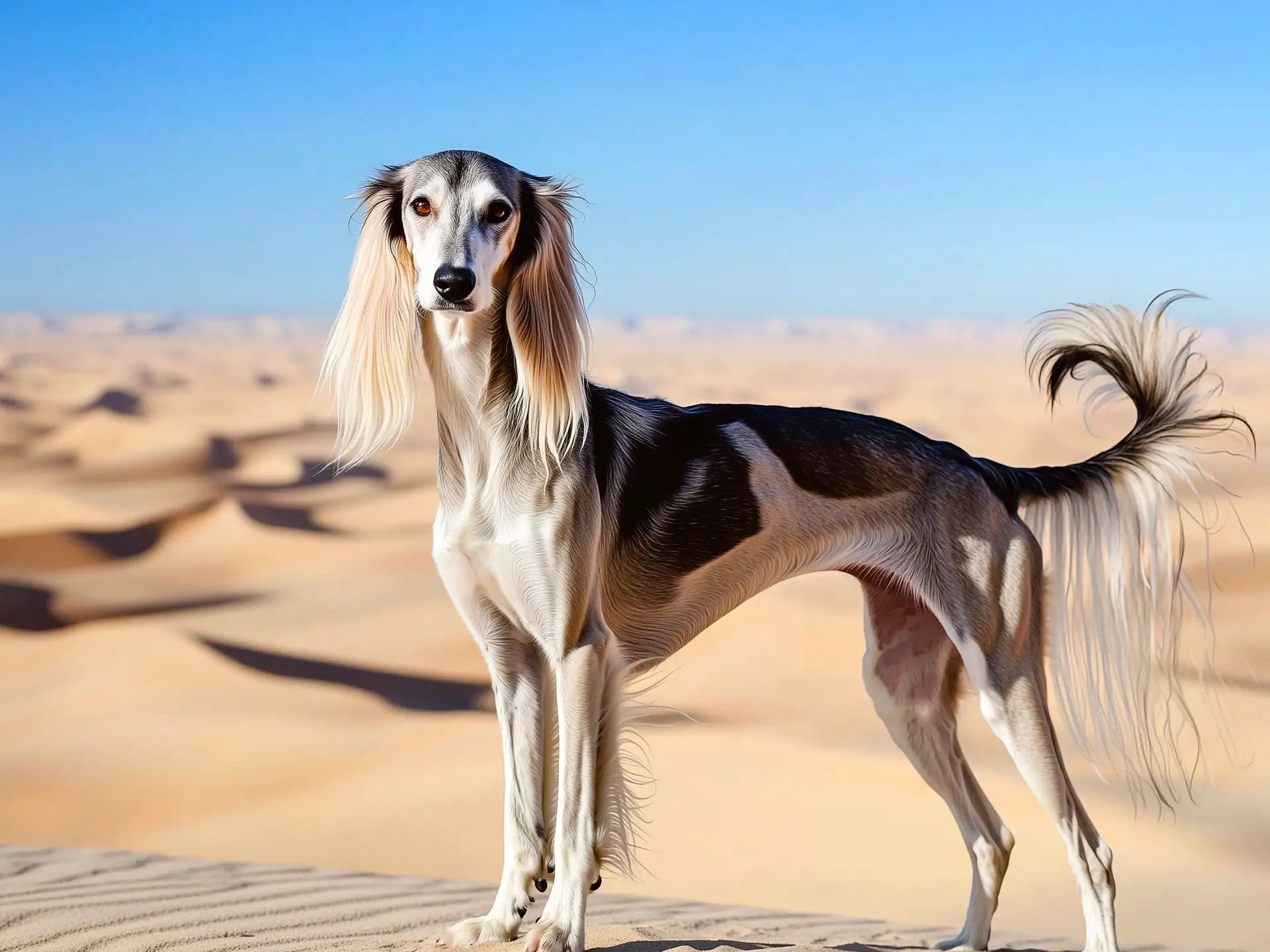 Stunning Saluki standing tall in a sunlit desert, displaying its elegant, athletic frame and silky tail