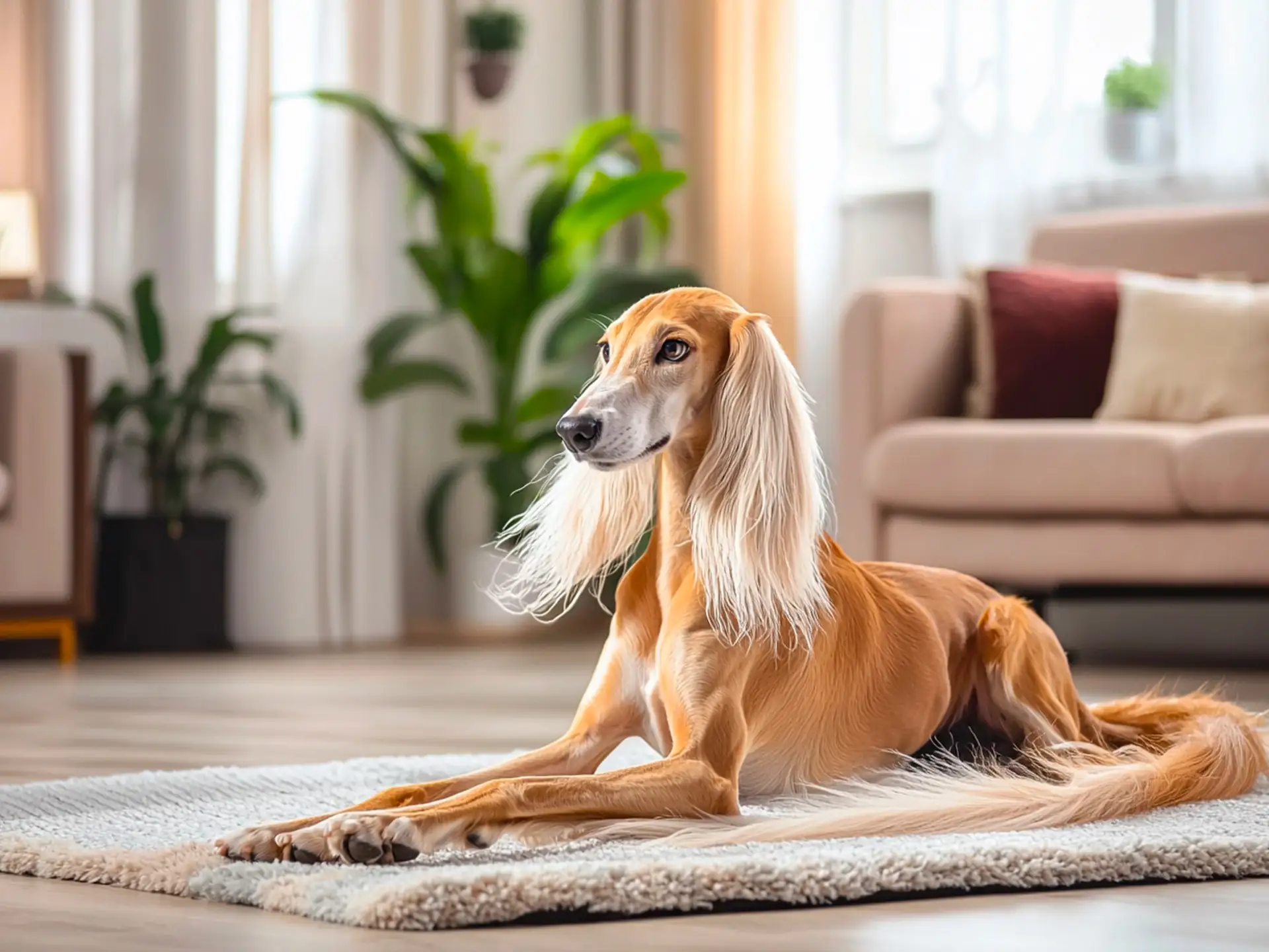 Graceful Saluki dog relaxing indoors on a cozy rug, showcasing its elegant, silky coat and long ears